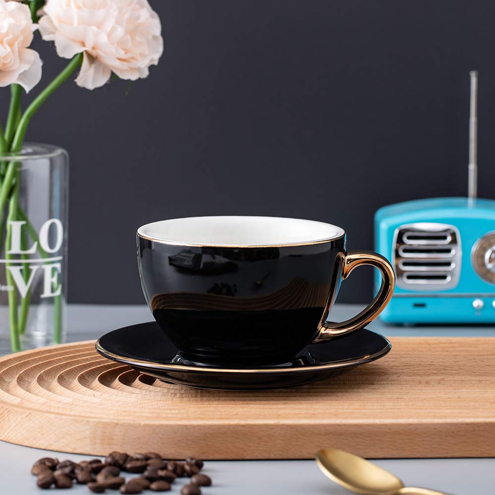 Coffeezone Luxury Gold 10 Oz Ceramic Latte Art Cappuccino Barista Cup With Saucer (Cool Black)