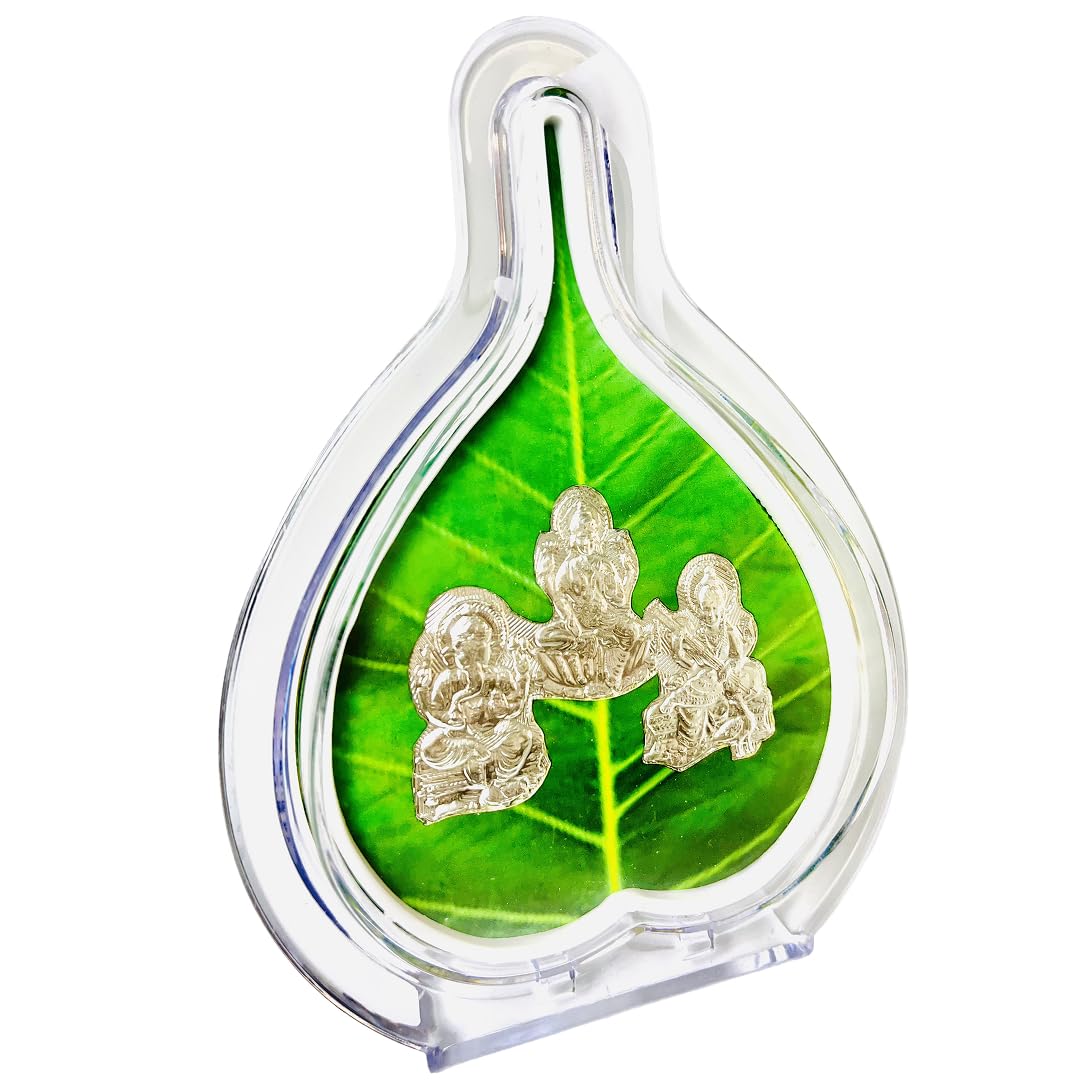 Trendifly 999 Silver Ganesh Laxmi Saraswati Pan Shape Leaf Stand Idol Statue Frame | Home Office Pooja Room Temple Decoration It