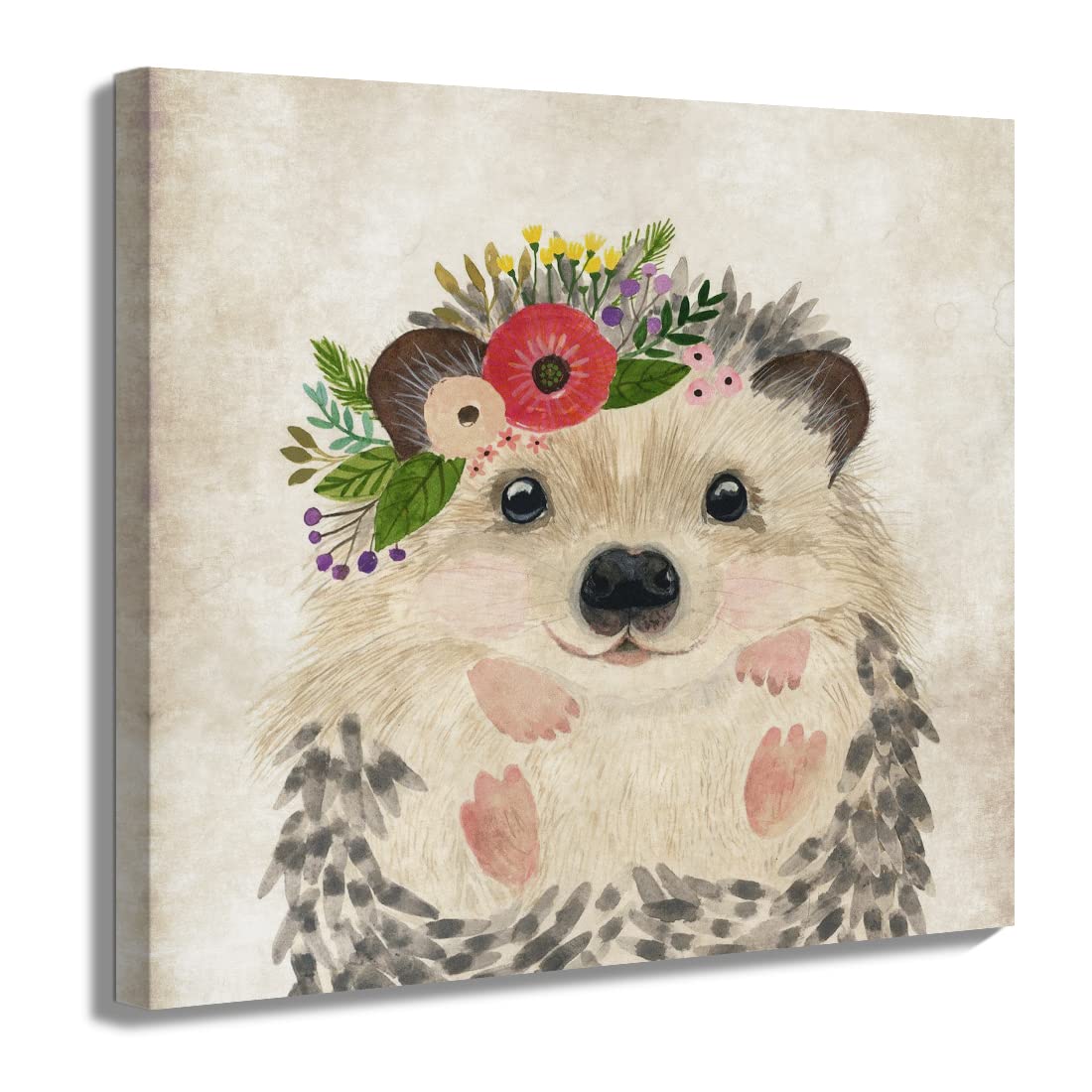 Oridomy Cute Hedgehog Print Wall Art Retro Animal Portrait Poster Funny Raccoon With Garland Picture Painting Safari Animal Art