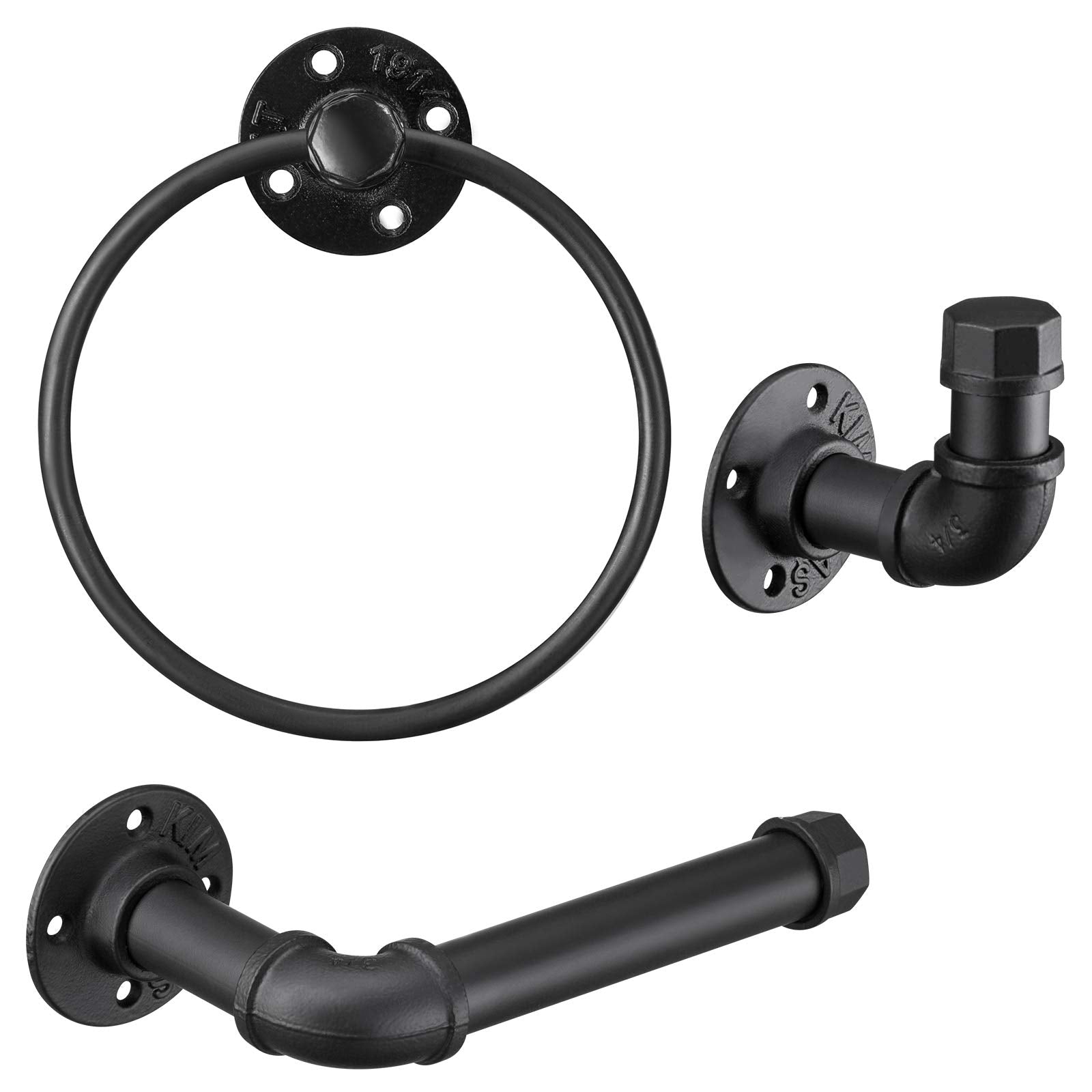 Industrial Black Bathroom Hardware Set, Wall Mounted Hardware Accessories, Includes Toilet Paper Holder Towel Ring Towel Hook Se