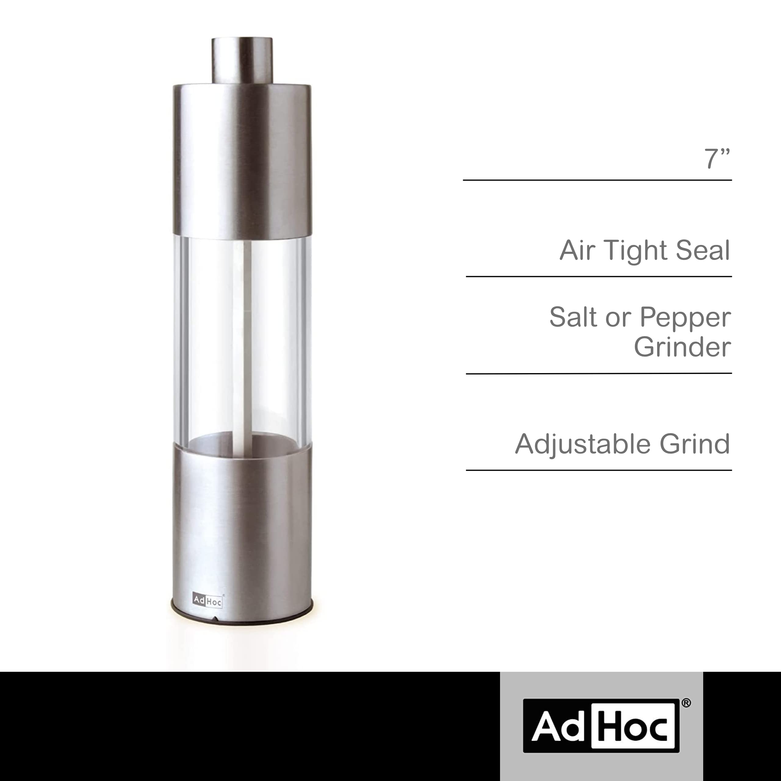 Adhoc Classic Medium Pepper Or Salt Mill - Acrylic Salt & Pepper Grinders With Grinder Closing Mechanism - Refillable Spice Tool