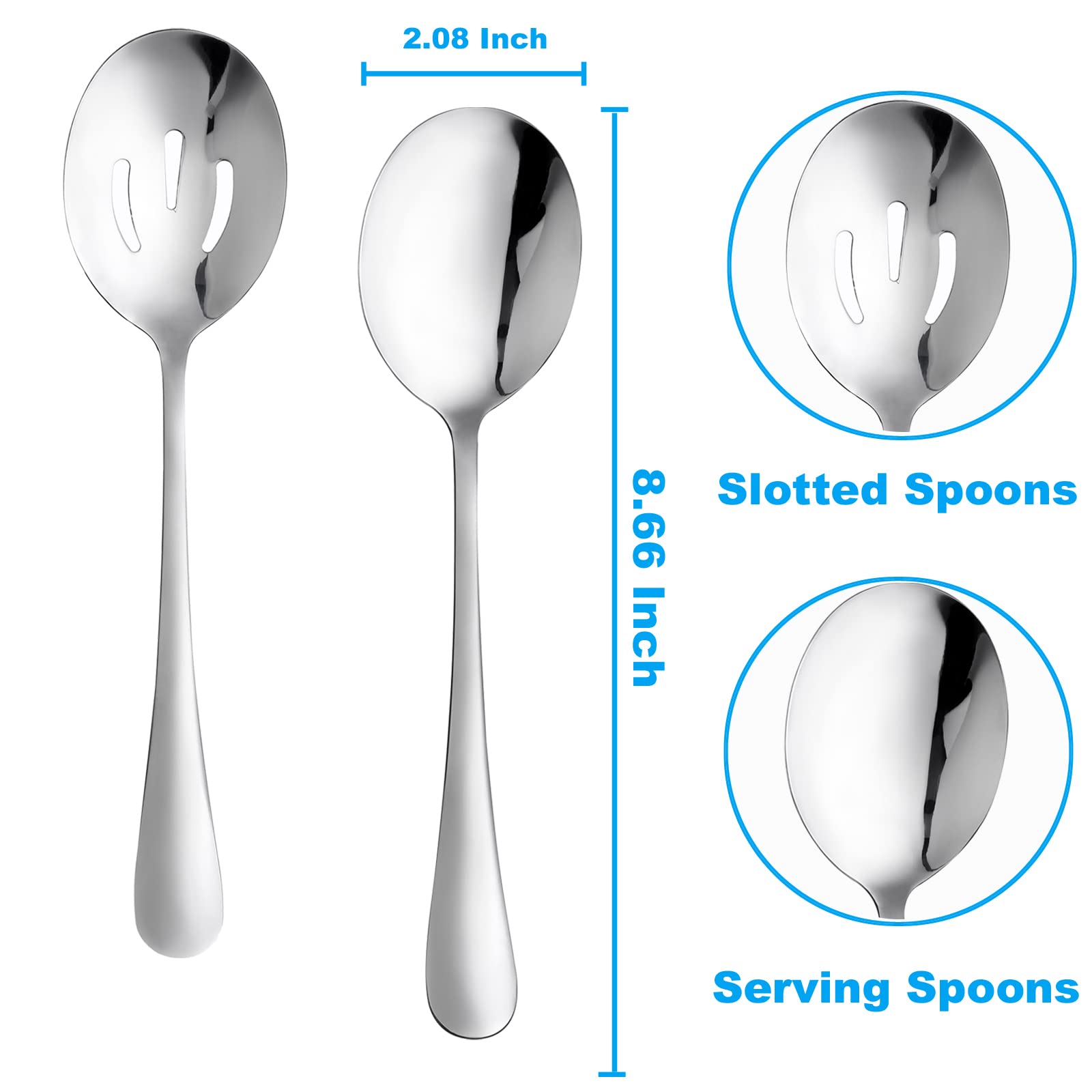 6 Pieces Serving Spoons Set, 8.7 Inch, Includes 3 Serving Spoons And 3 Slotted Spoons, Stainless Steel Buffet Banquet Spoons, La