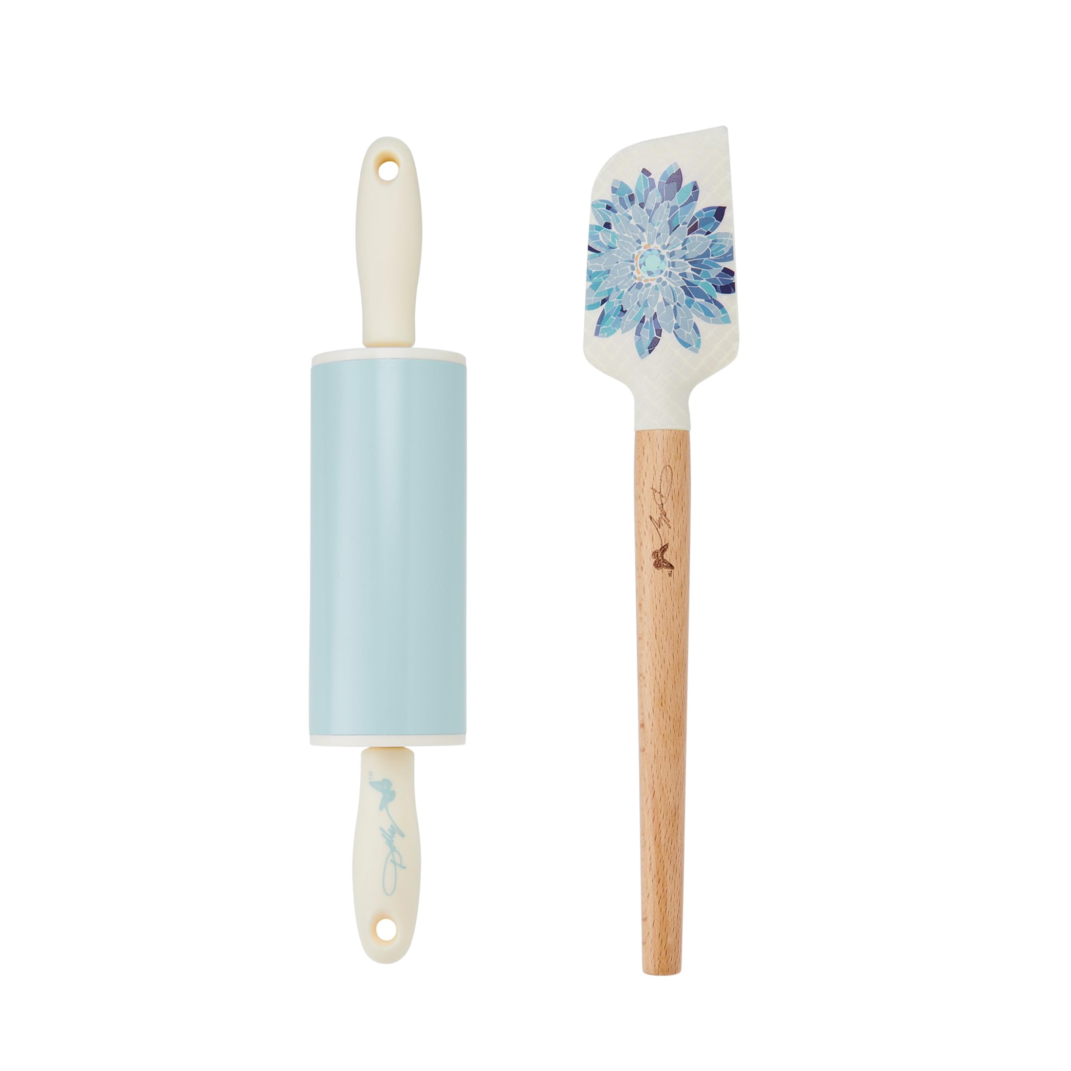 Dolly Mini Spatula And Rolling Pin Set, HeatResistant Silicone Spatula And Nonstick Rolling Pin With Blue Accents Kitchen Utens