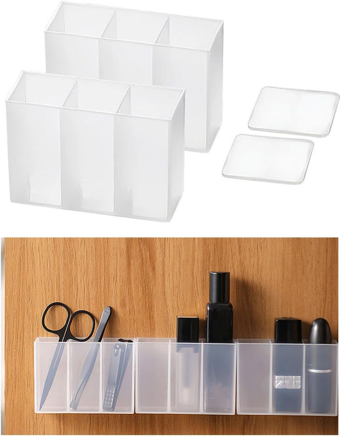Hejisun Mini Wall Mount Storage Box, 6 Compartment Transparent Plastic Makeup Brush Lipstick Holder Self-Adhesive Pen Holder Mak