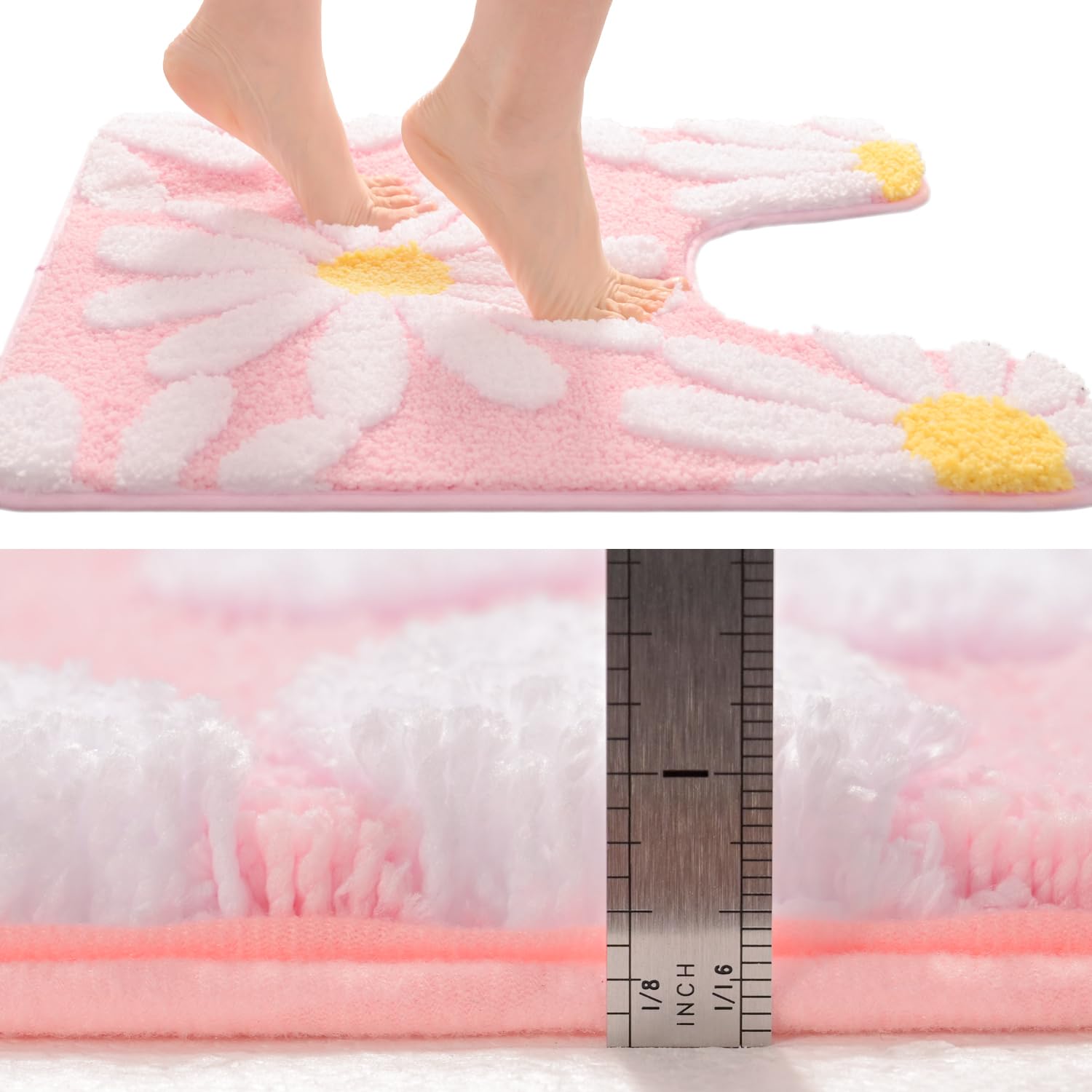 Qjhomo Bathroom Rugs Sets 2 Piece, Cute Daisy Bath Mat Pink Toilet Rug U Shaped, Flower Deocr Bathroom Set Non Slip Contour Bath