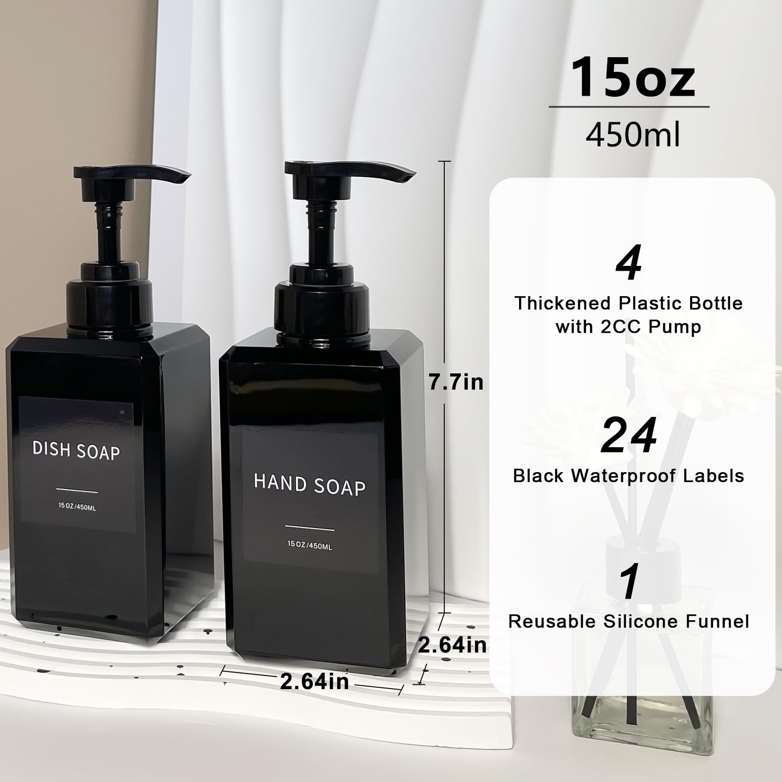 Black Soap Dispenser With Waterproof Labels, 15Oz Plastic Hand Soap Dispenser For Bathroom, Thickened Plastic Dish Soap Dispense