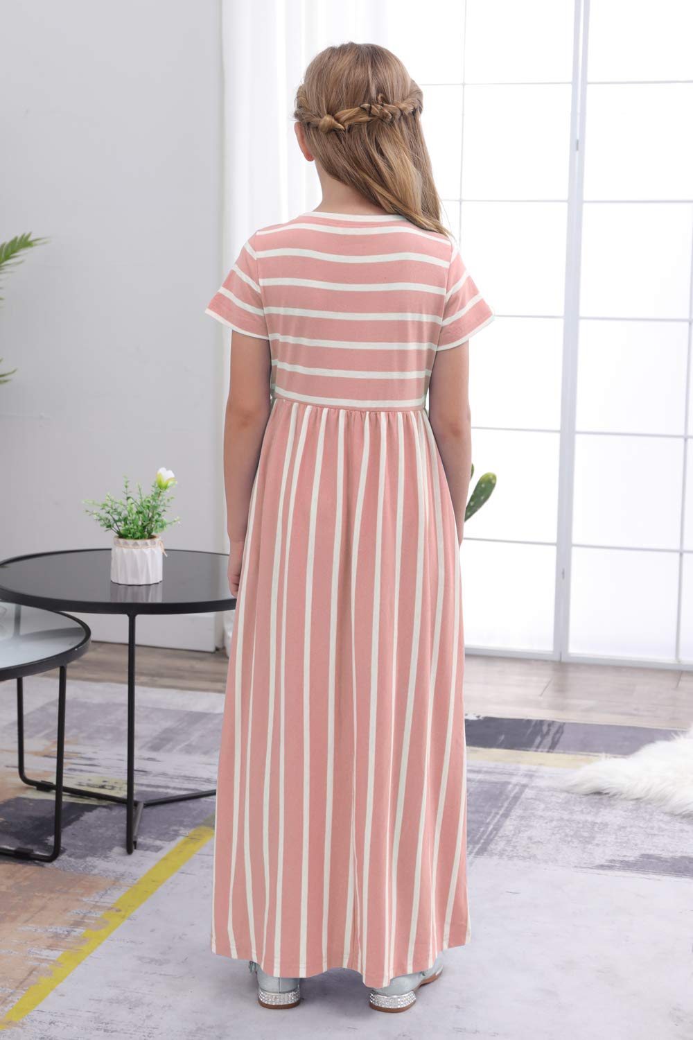 Gorlya Girls Short Sleeve Floral Print Loose Casual Holiday Long Maxi Dress With Pockets 4-12 Years (6-7Yearsheight:120Cm, Pink