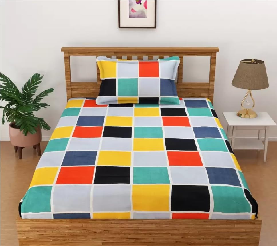 Dahlia Elastic Fitted Glace Cotton Single Bed (72x48x Upto 6 Inches) Bedsheet with 1 Pillow Covers200TC (Box, Multi Color)