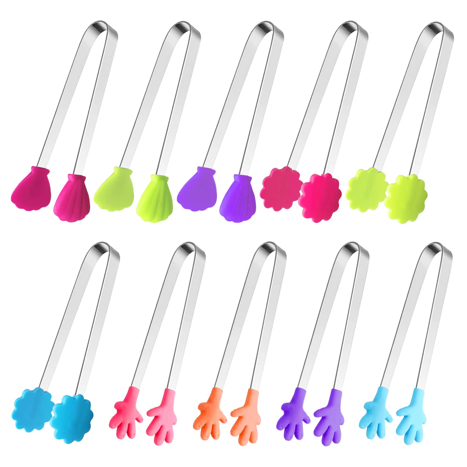 10Pcs Silicone Mini Tongs, 5Inch Hand Shape Food Tongs, Colourful Small Kids Tongs For Serving Food, Ice Cube, Fruits, Sugar, Ba