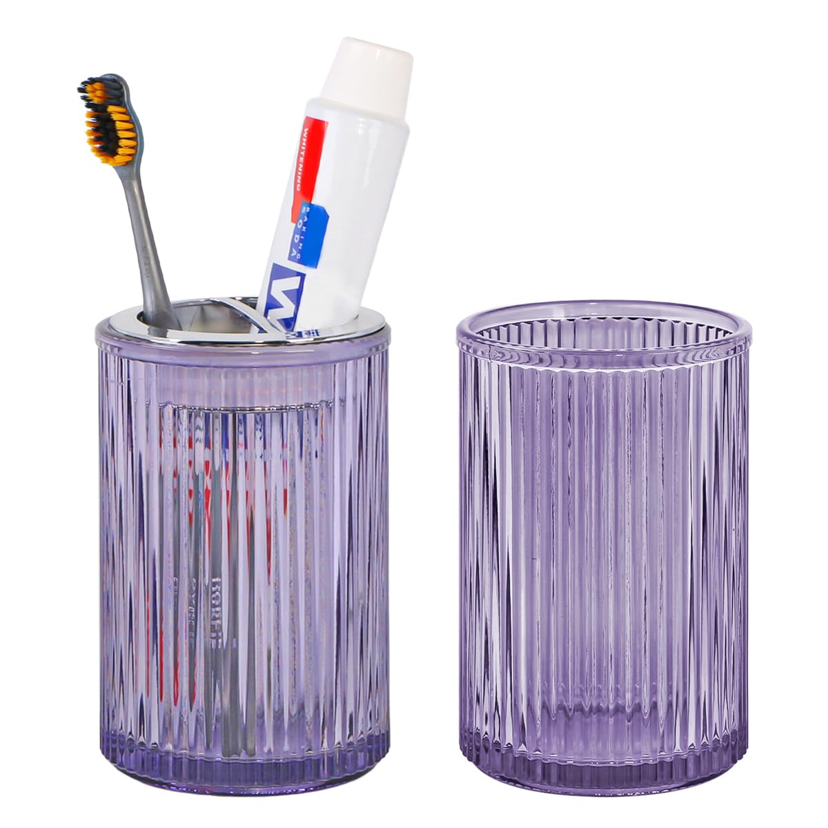 Tonxus Purple Toothbrush Holders for Bathrooms, 2pcs Glass Toothbrush Holder and 12oz Bathroom Tumbler Cup Set, Silver Tooth Bru
