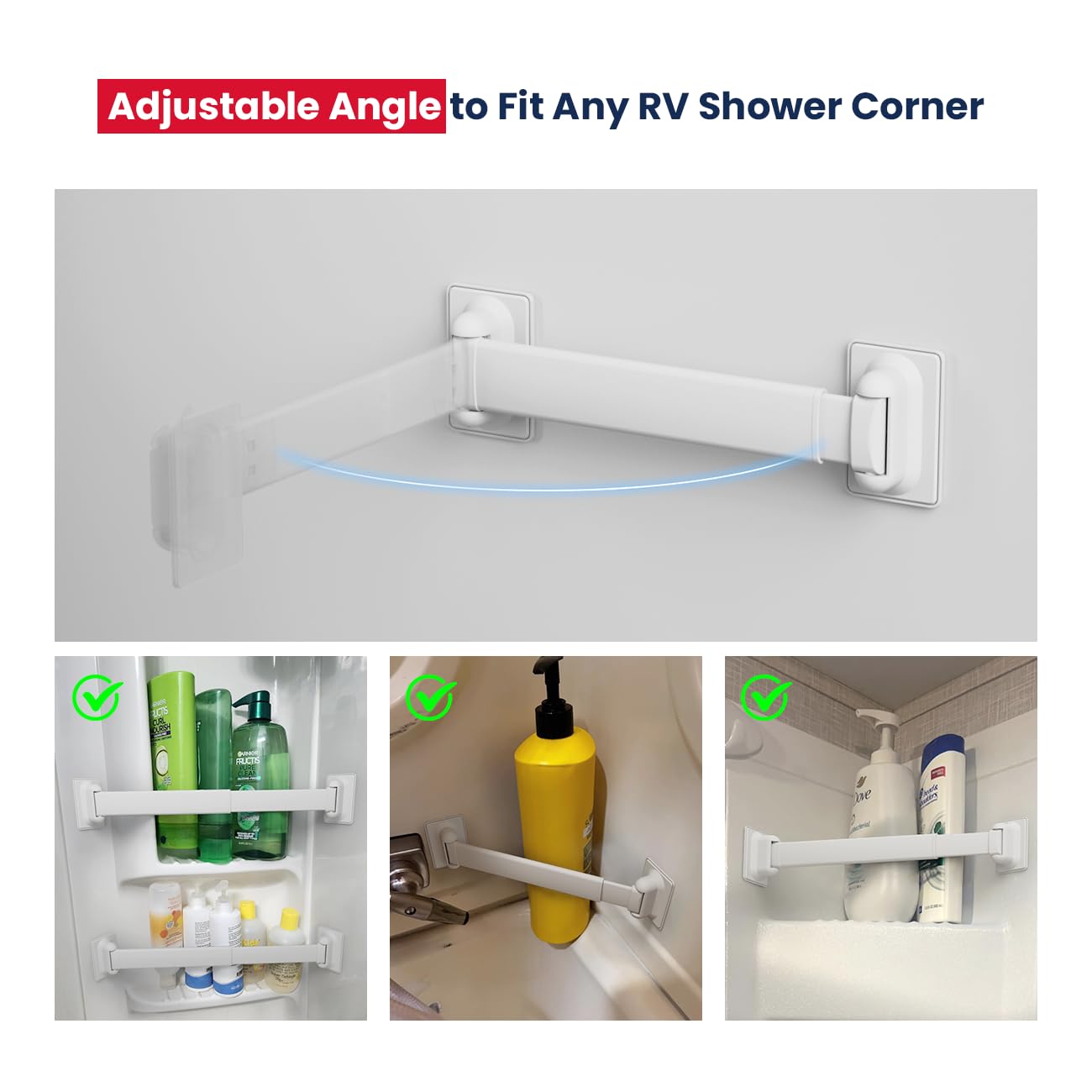 Safoner Adjustable RV Shower Corner Storage Bar - Durable Aluminum Caddy, 2 Packs, White, Model: shower bar003