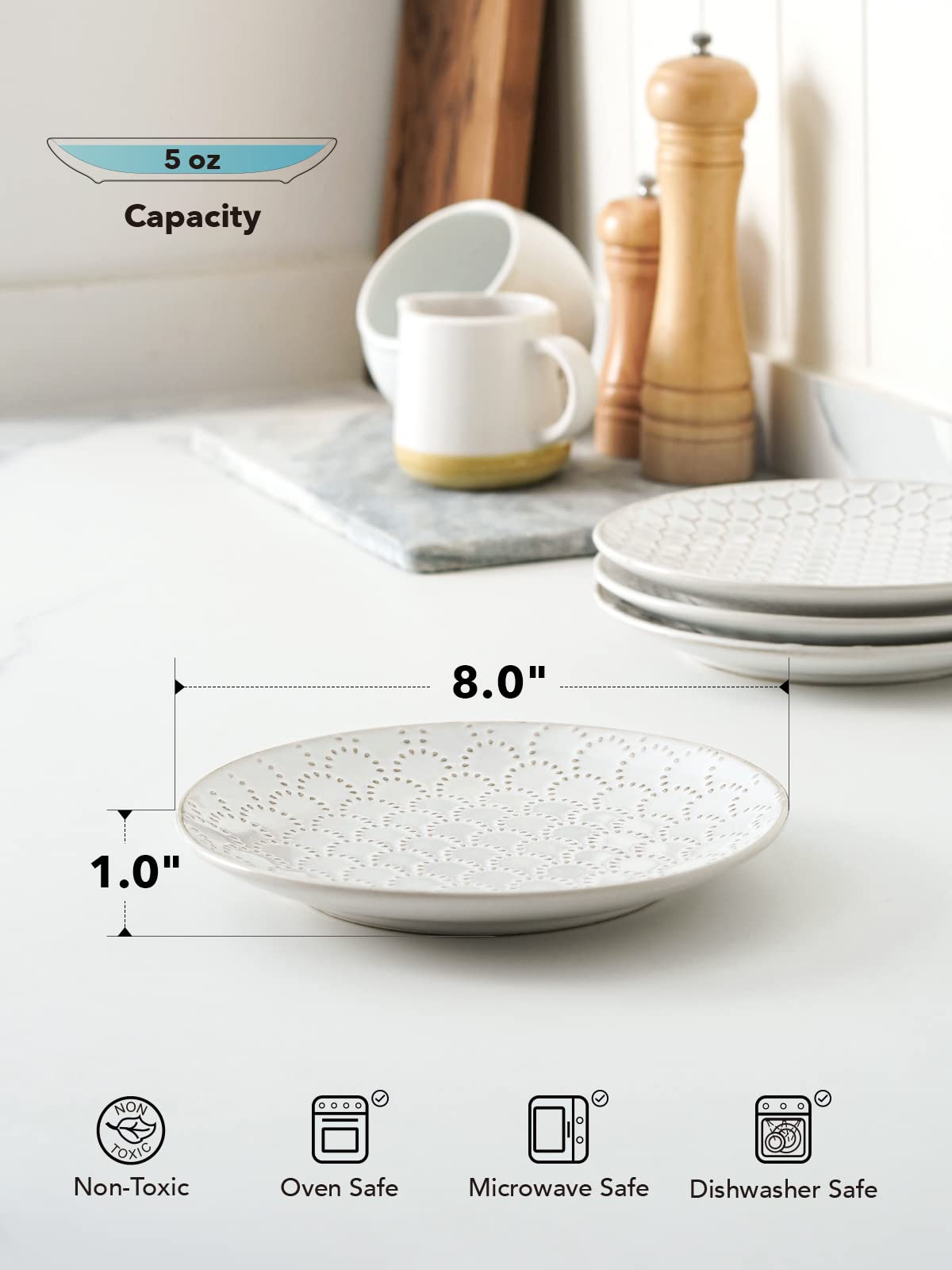 Le Tauci Salad Plates 8 Inch, Ceramic Embossment Plate Set For Dessert Appetizer Small Dinner, Suit For Housewarming Wedding -Se