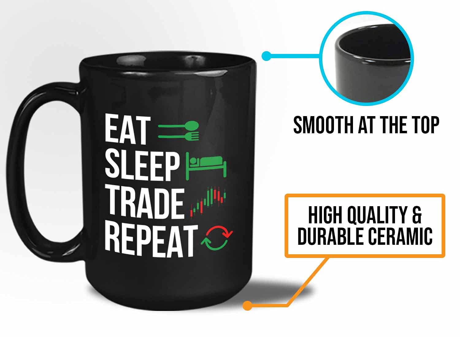 Stock Trader Coffee Mug - Eat Sleep Trade Repeat - Stock Market Traders Brokers Financial Adviser Trading Investor 15Oz Black