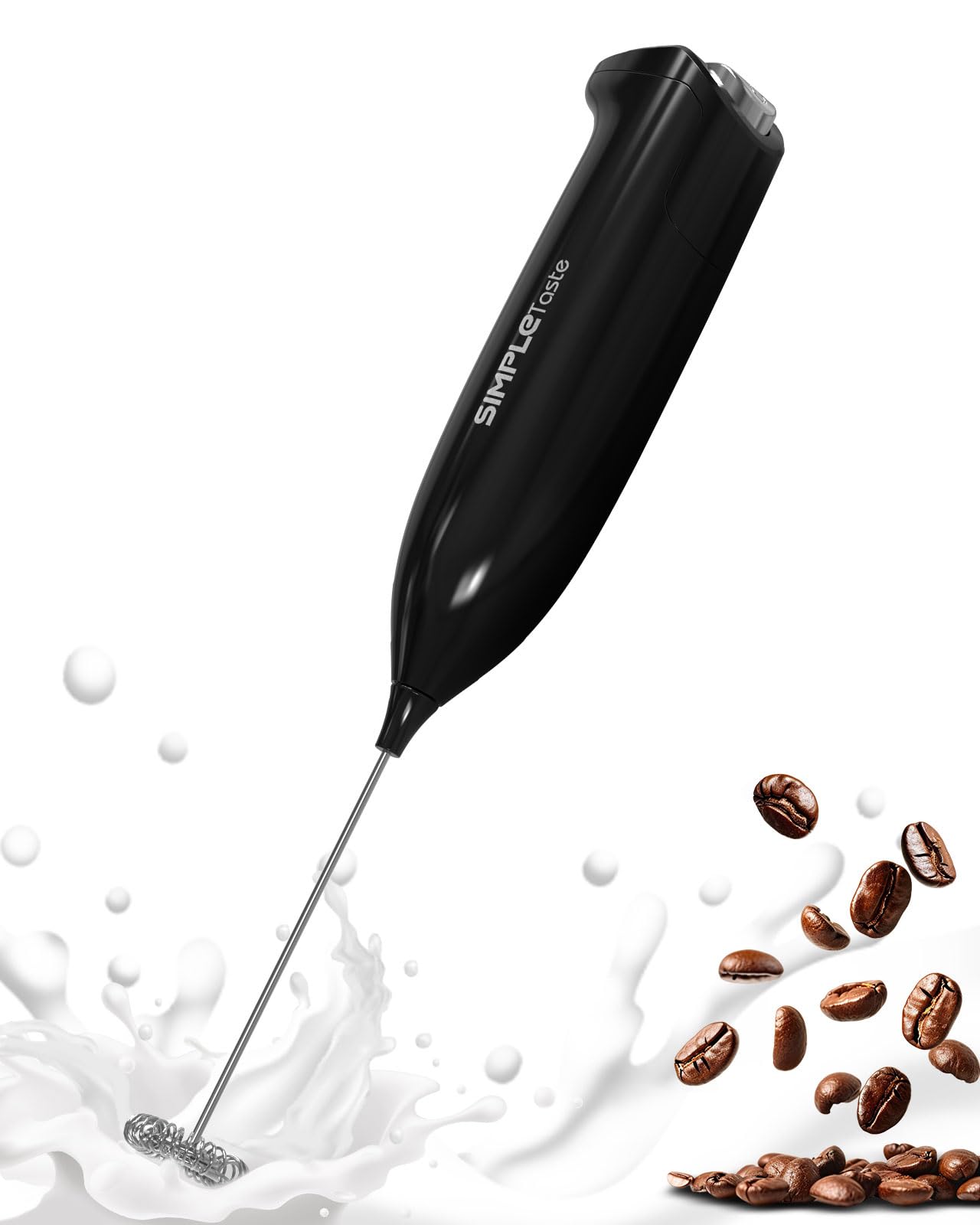 SIMPLETaste Milk Frother Handheld Battery Operated Electric Foam Maker, Black Drink Mixer with Stainless Steel Whisk for Cappucc