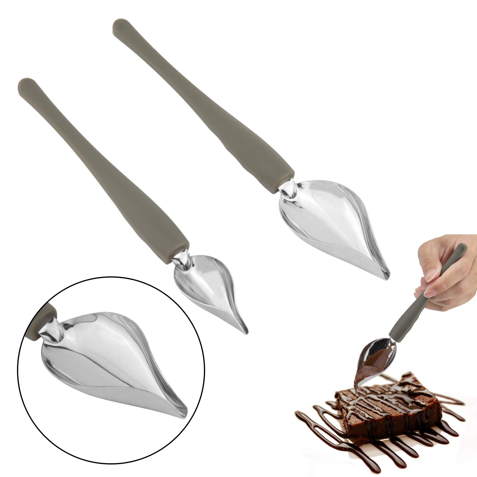 LUTER 2Pcs Precision Culinary Drawing Decorating Spoons  Stainless Steel Saucier Drizzle Spoons with Tapered Spout for Decorating Plates  Cake  Dessert (2 Sizes)