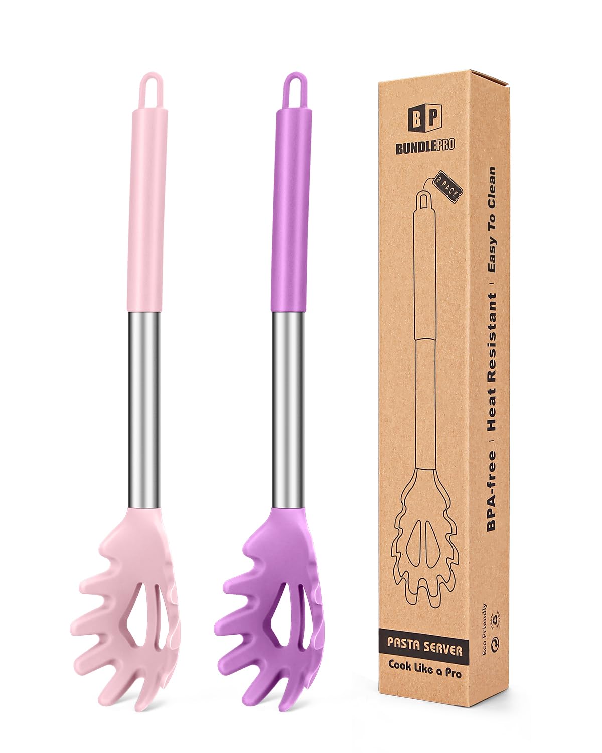 Pack of 2 Silicone Pasta Fork, Kitchen Heat Resistant Noodle Spoon Server, BPA Free Spaghetti Strainer, Best Cooking Tools (PINK