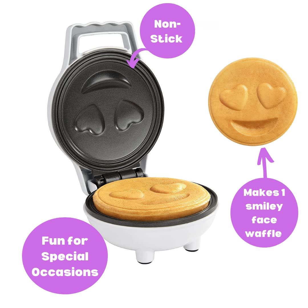 Heart Eyes Emoji Mini Waffle Maker - Make Breakfast Special W Cute Personal-Sized 4'' Smiley Face Pancakes- Electric, Nonstick B