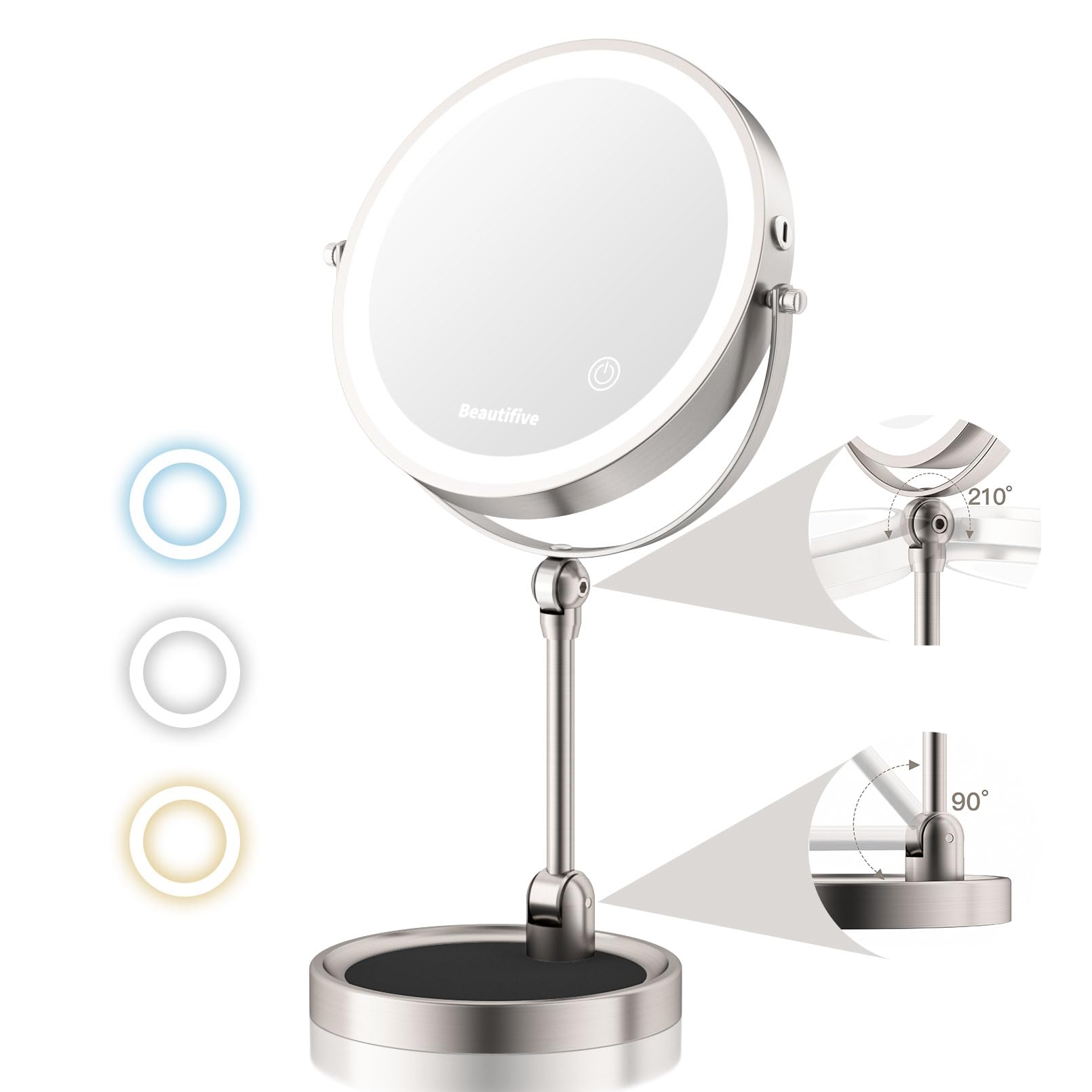 Beautifive 10'' Makeup Mirror With Light, 12X/1X Lighted Magnifying Mirror, Angle Adjustable & 3 Color Dimmable, 360Rotatable Re