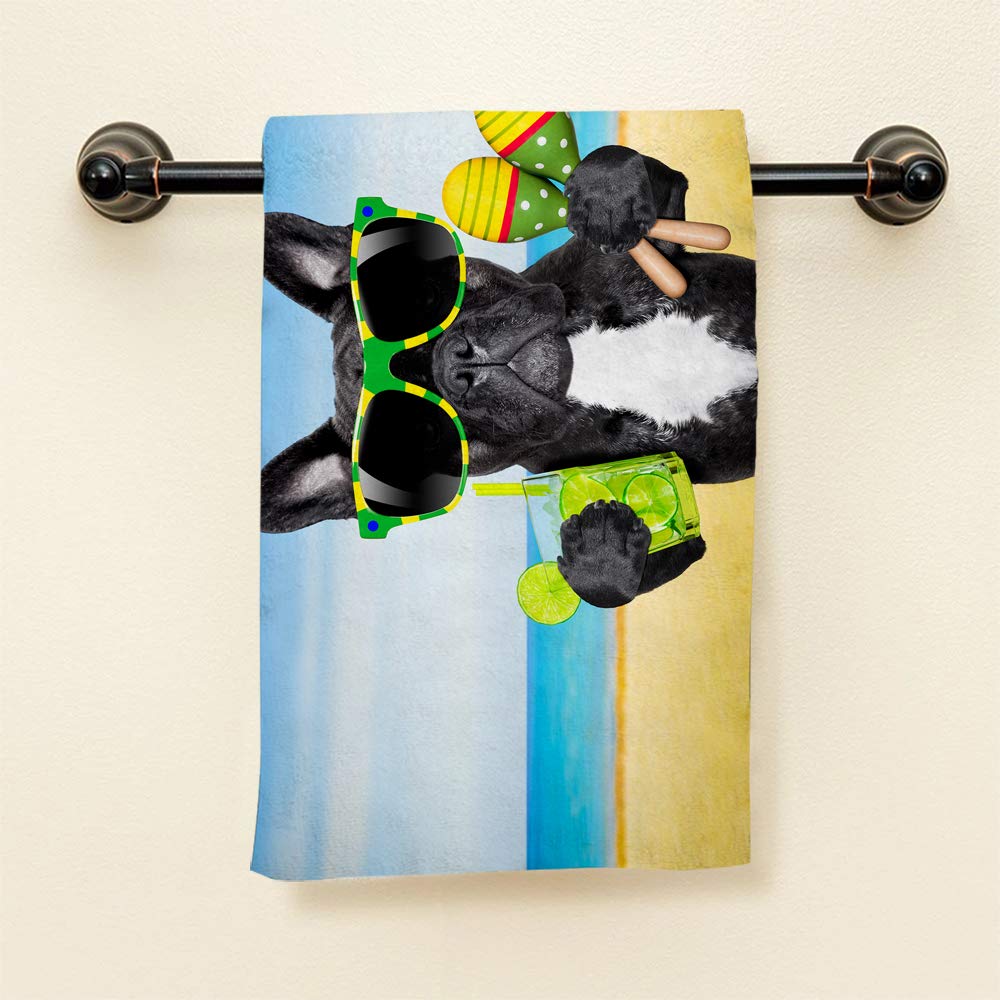 Hgod Designs French Bulldog Hand Towels,Funny French Bulldog With Sunglasses And Drinking In The Sea Beach 100% Cotton Soft Bath