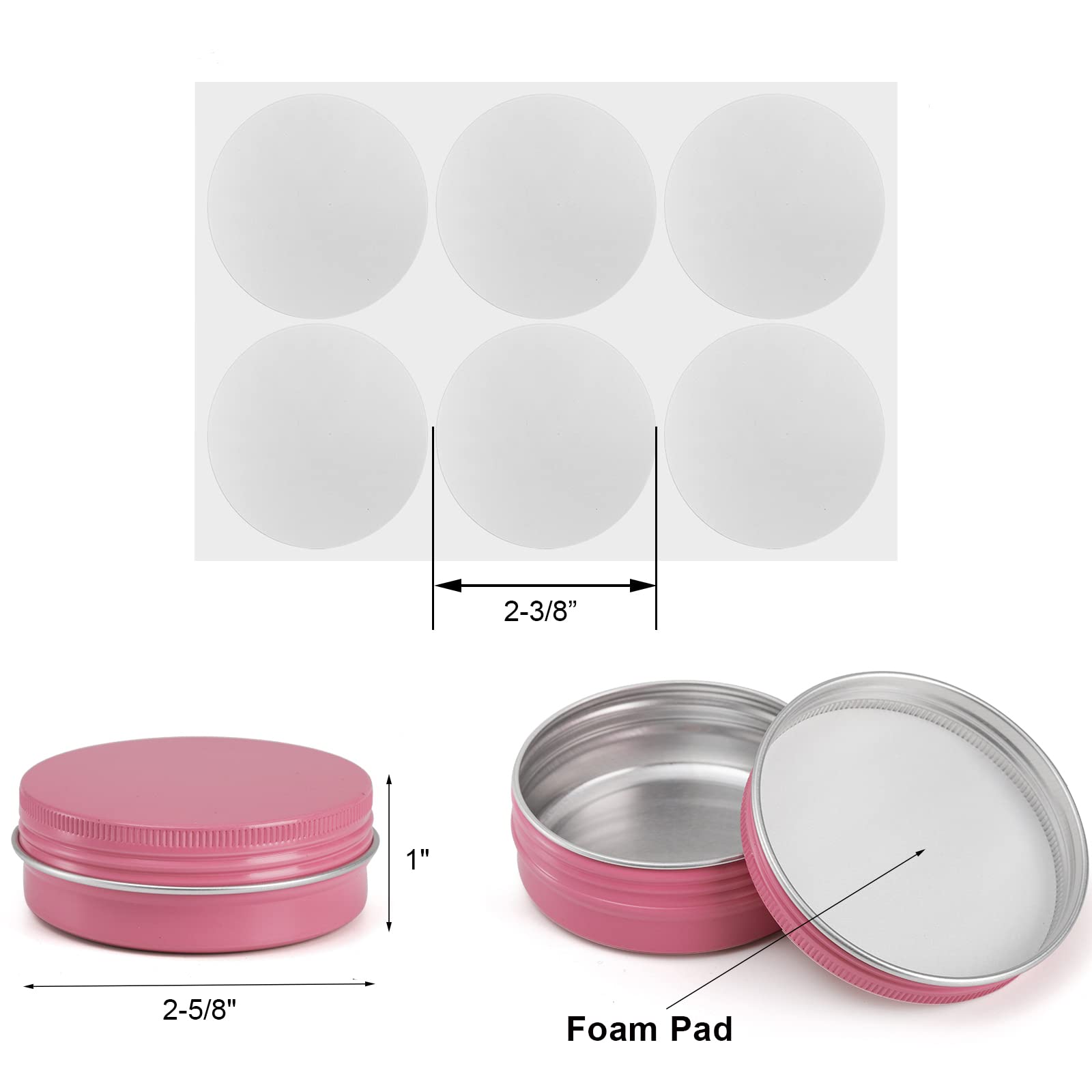 Foraineam 48 Pack 2 Oz Screw Top Round Tin Cans With White Labels, Pink Aluminum Cosmetic Sample Containers, Metal Empty Tins Tr