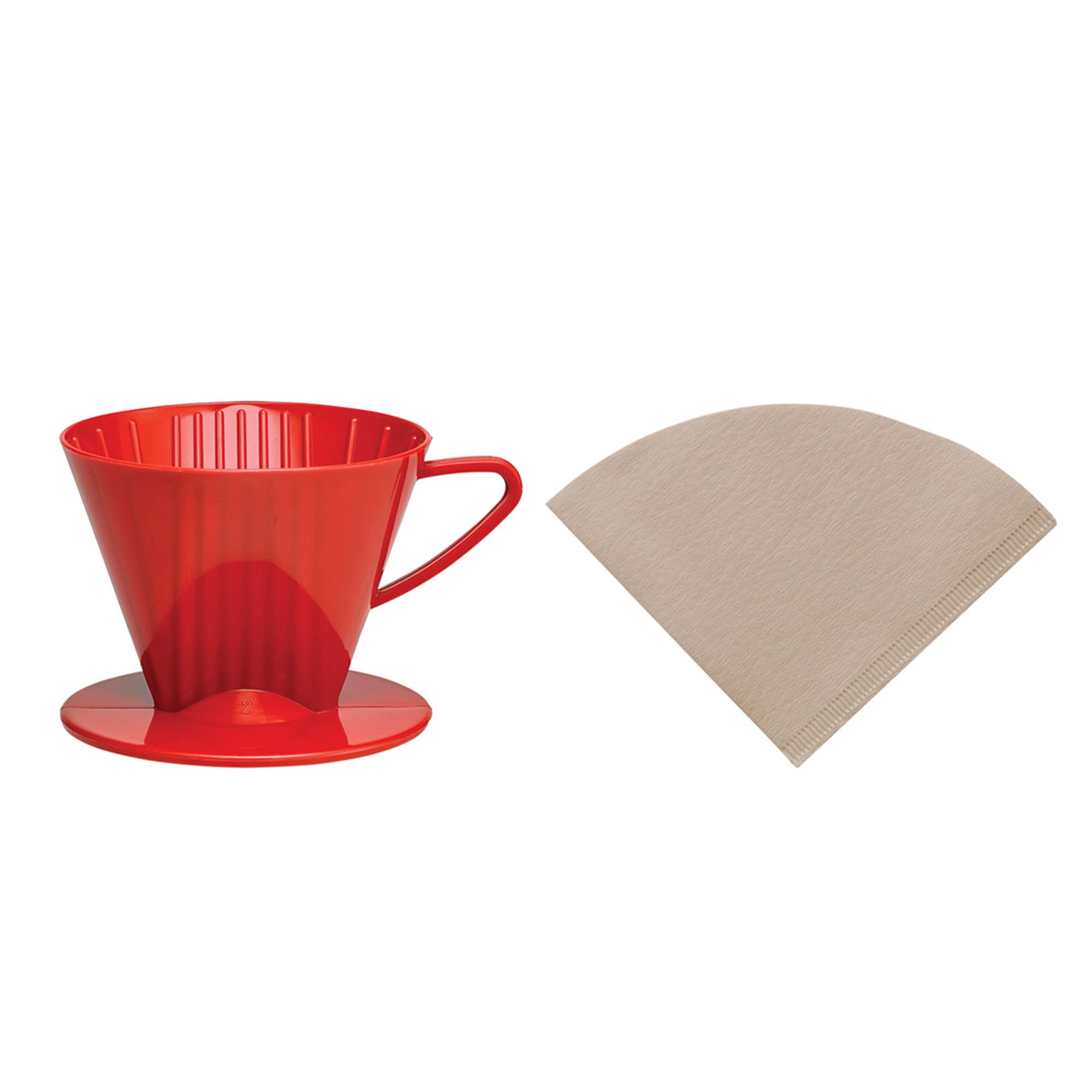 Fino Pour-Over Reusable Coffee Brewing Cone Plus 100 Disposable Unbleached Paper Filters, Number 2-Size, Red
