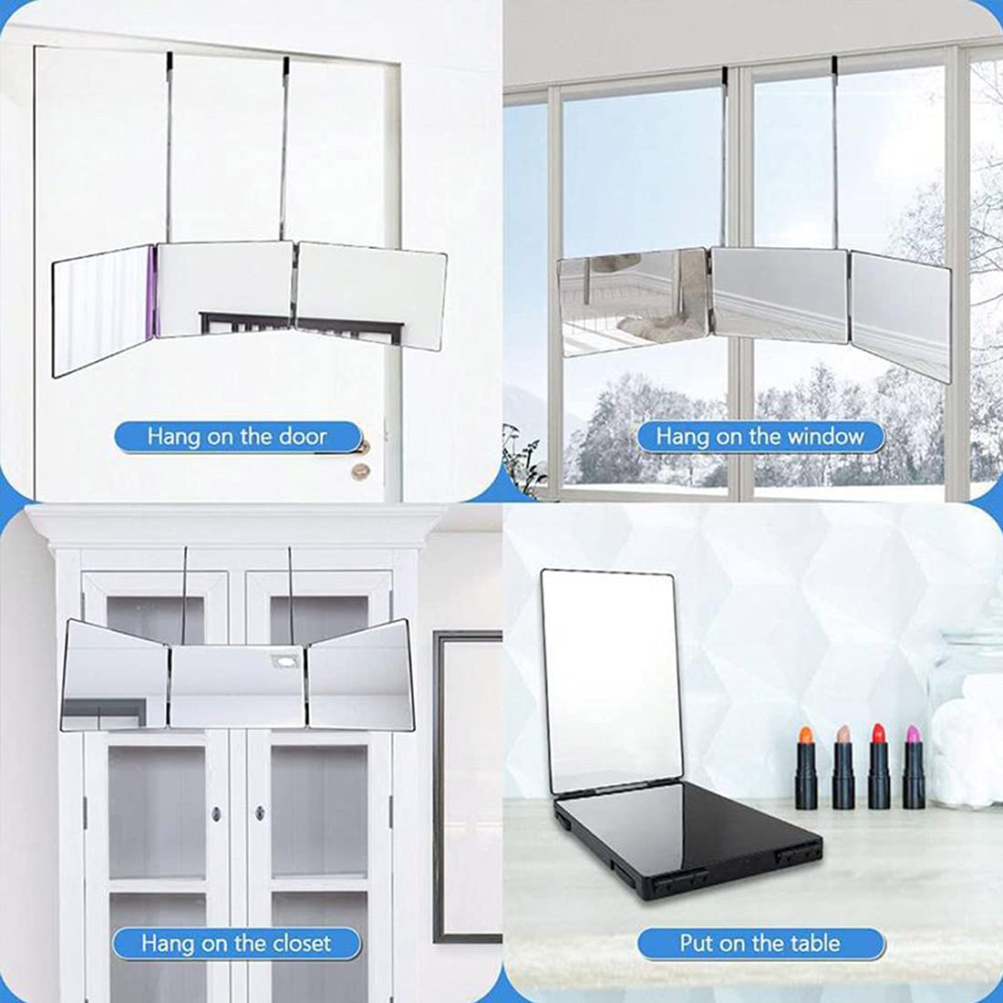 HIEEY 3 Way Trifold Mirror - Adjustable Height, 5X Magnification, 7.6"x35", Black, Plastic, Model 3mirror for Hair Cutting & Makeup