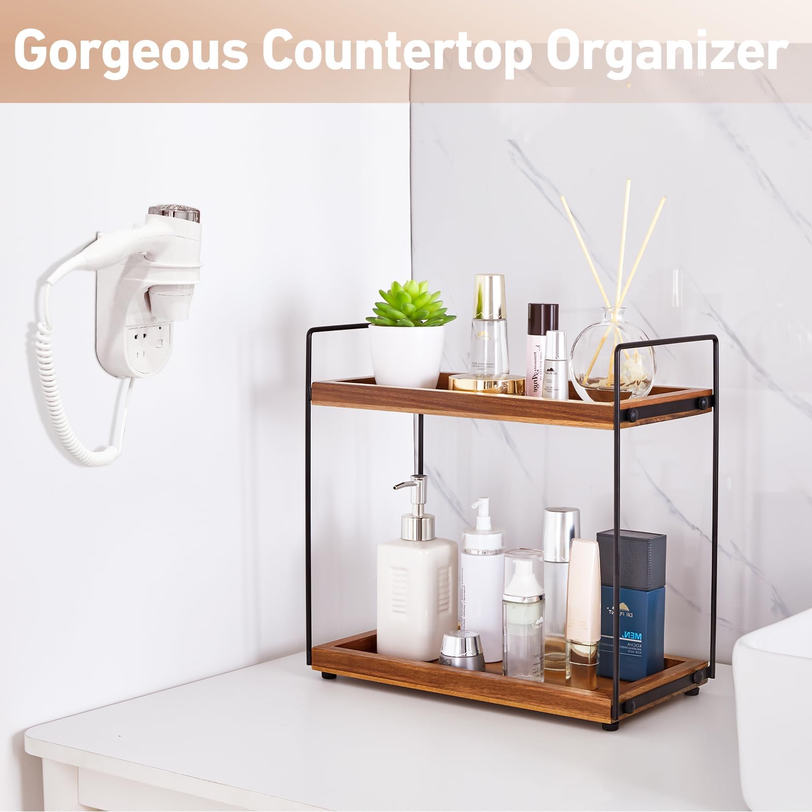 Bathroom Counter Organizer Countertop Storage - 2 Tier Bathroom Countertop Organizer Coffee Bar Organization Acacia Wood Counter