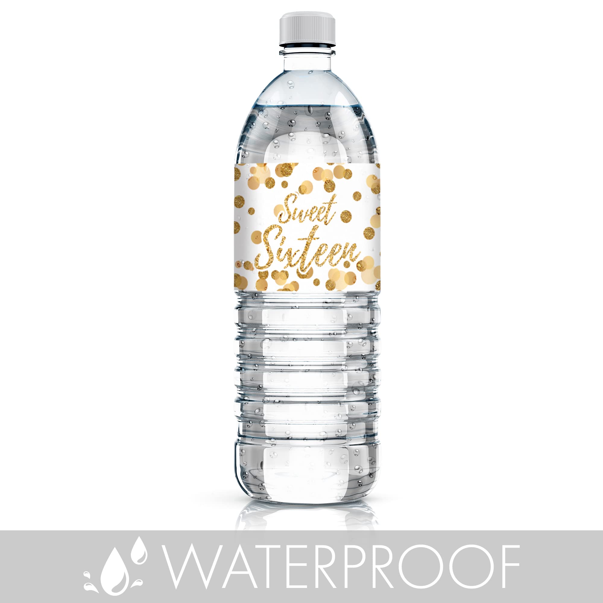 White And Gold 16Th Birthday Sweet Sixteen Party Water Bottle Labels - Waterproof Wrappers - 24 Stickers