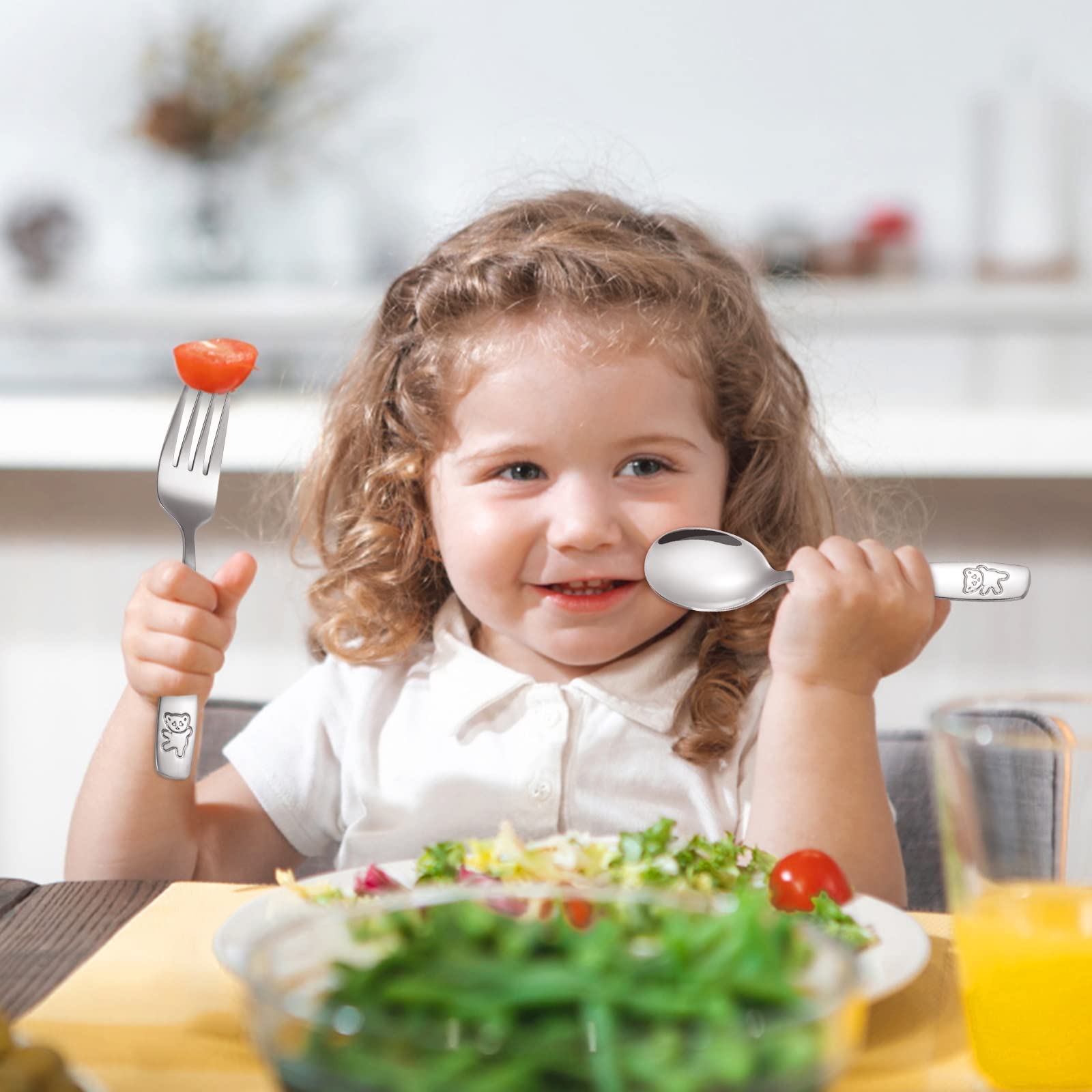 Pimoys 12 Pieces Kids Silverware Toddler Utensils Kids Forks and Spoons Set, Metal Toddler Cutlery Stainless Steel Childrens Fla