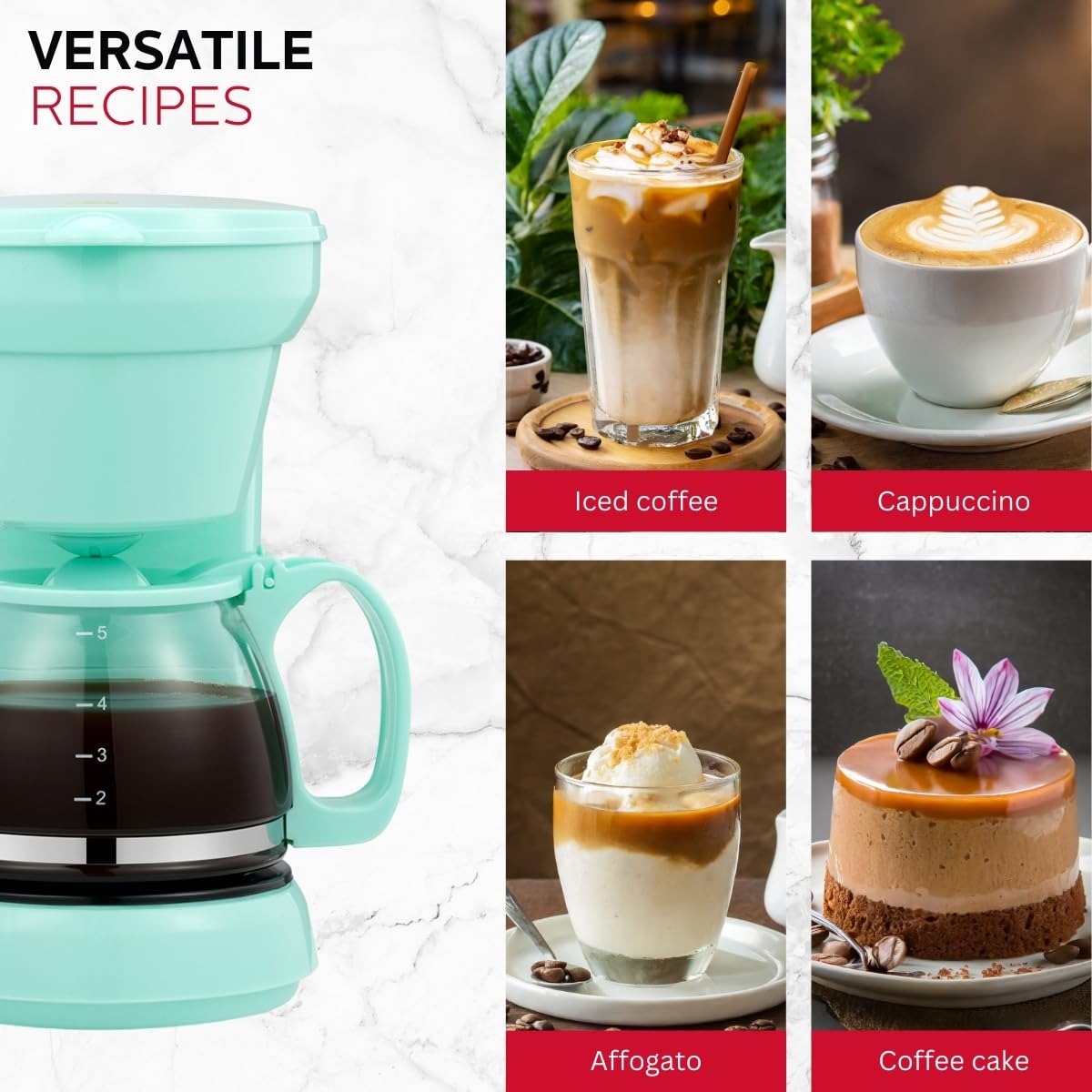 Holstein Housewares 5 Cup Drip Coffee Maker, Mint - Borosilicate Glass Carafe, Permanent Filter, Auto Pause, Keep Warm Functions, Model HH-0914701I