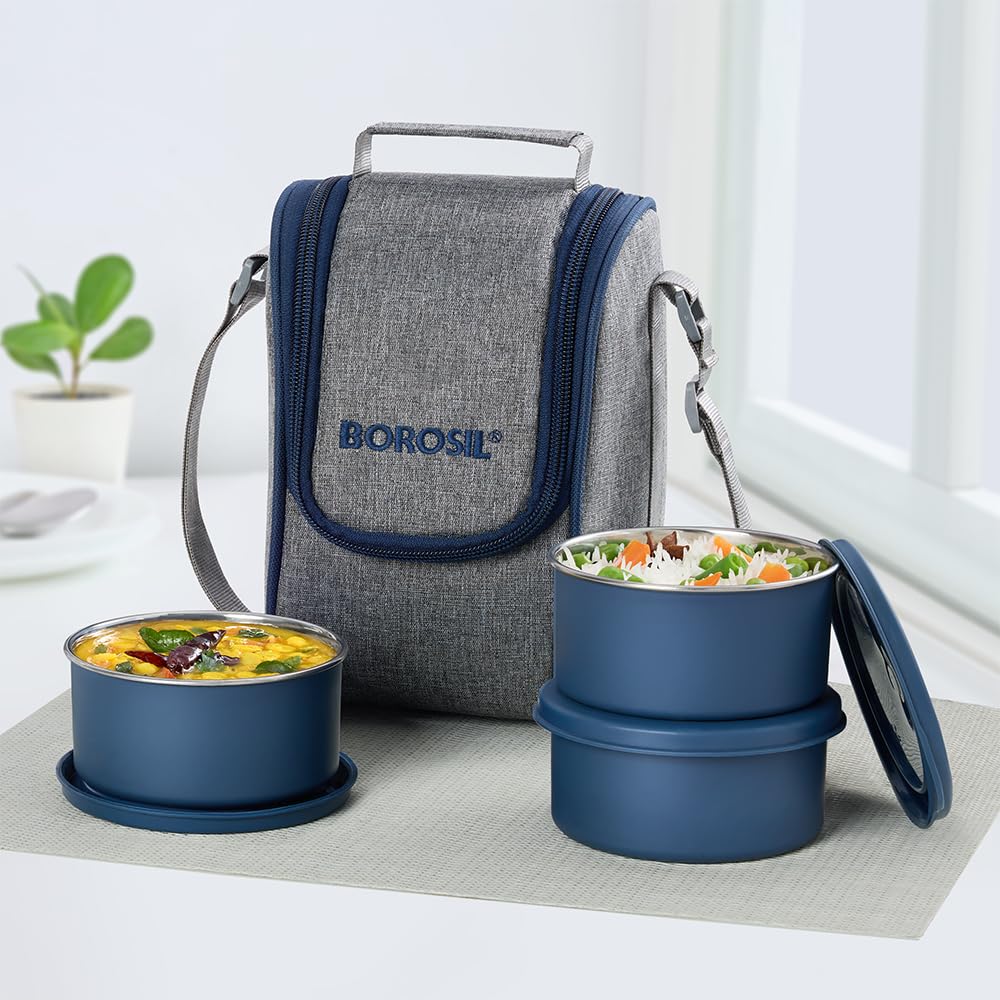 Borosil Carrymore Microwavable Stainless Steel Lunchbox With Bag | 300Ml X 3 Pc Round Container Set | Tiffin With Food Grade Ste