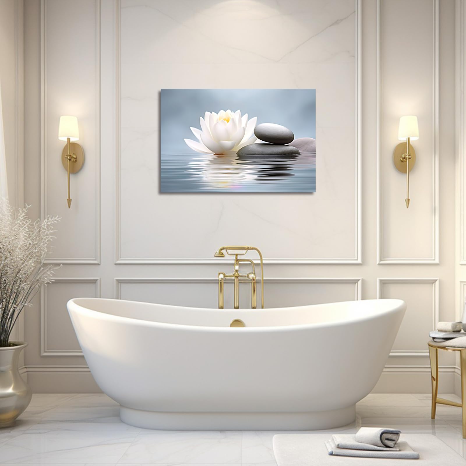Lzimu Zen Wall Art Lotus Flowers Stones On Water Pictures Water Lily Canvas Prints Bathroom Decor Spa Artwork For Yoga Studio Me