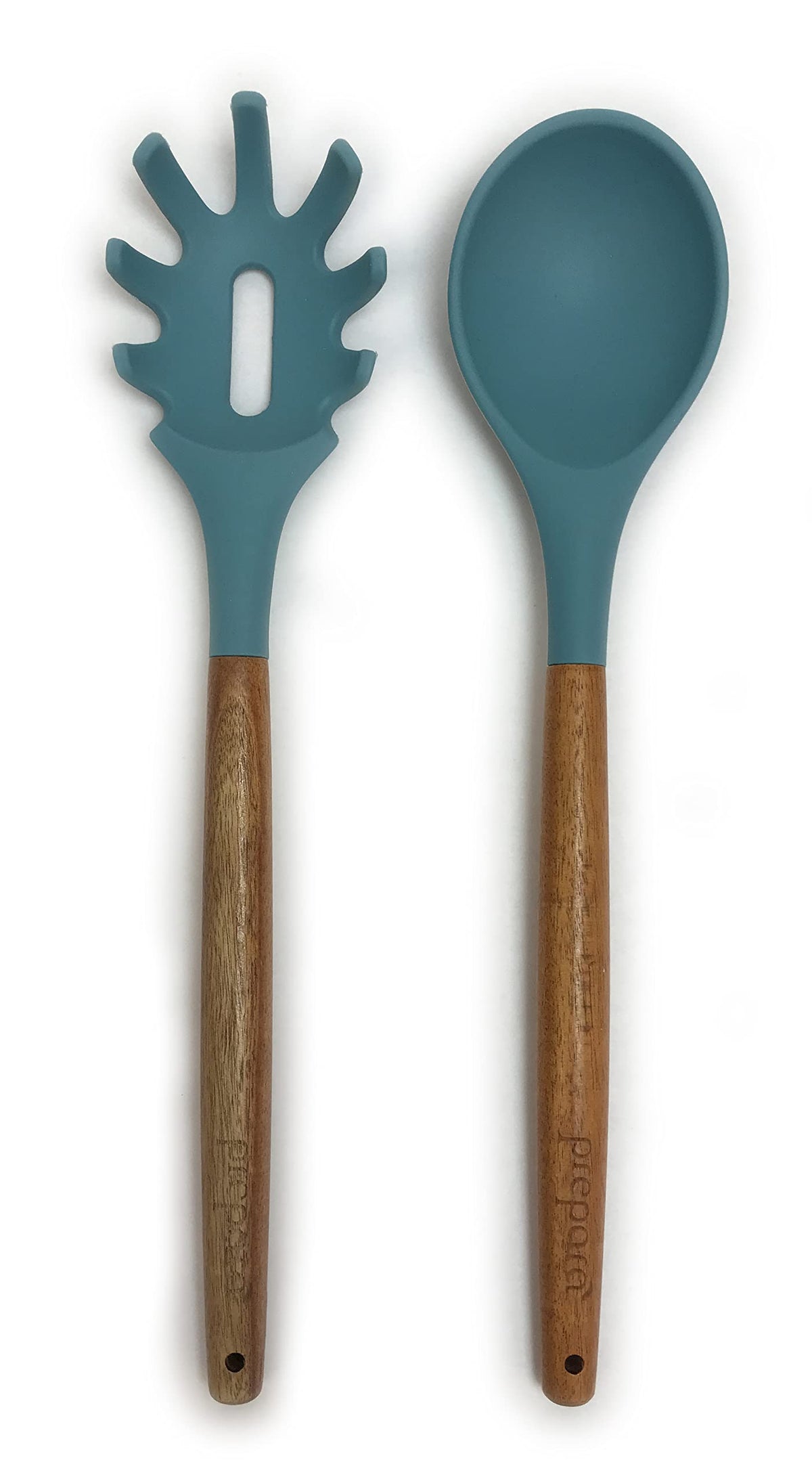 Prepara Acacia And Silicone Spaghetti And Solid Spoon Set Cooking Utensils, Set Of 2, Steel Blue