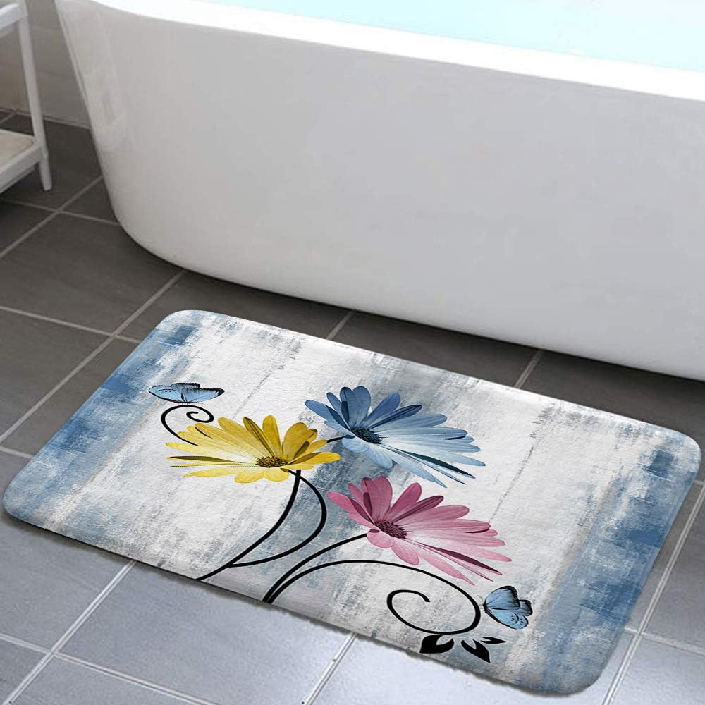 Veivian Rustic Farmhouse Bath Mat, Farm Teal Daisy Floral Flowers Butterfly Country Wooden Bath Rug For Bathroom, Grey White Bat