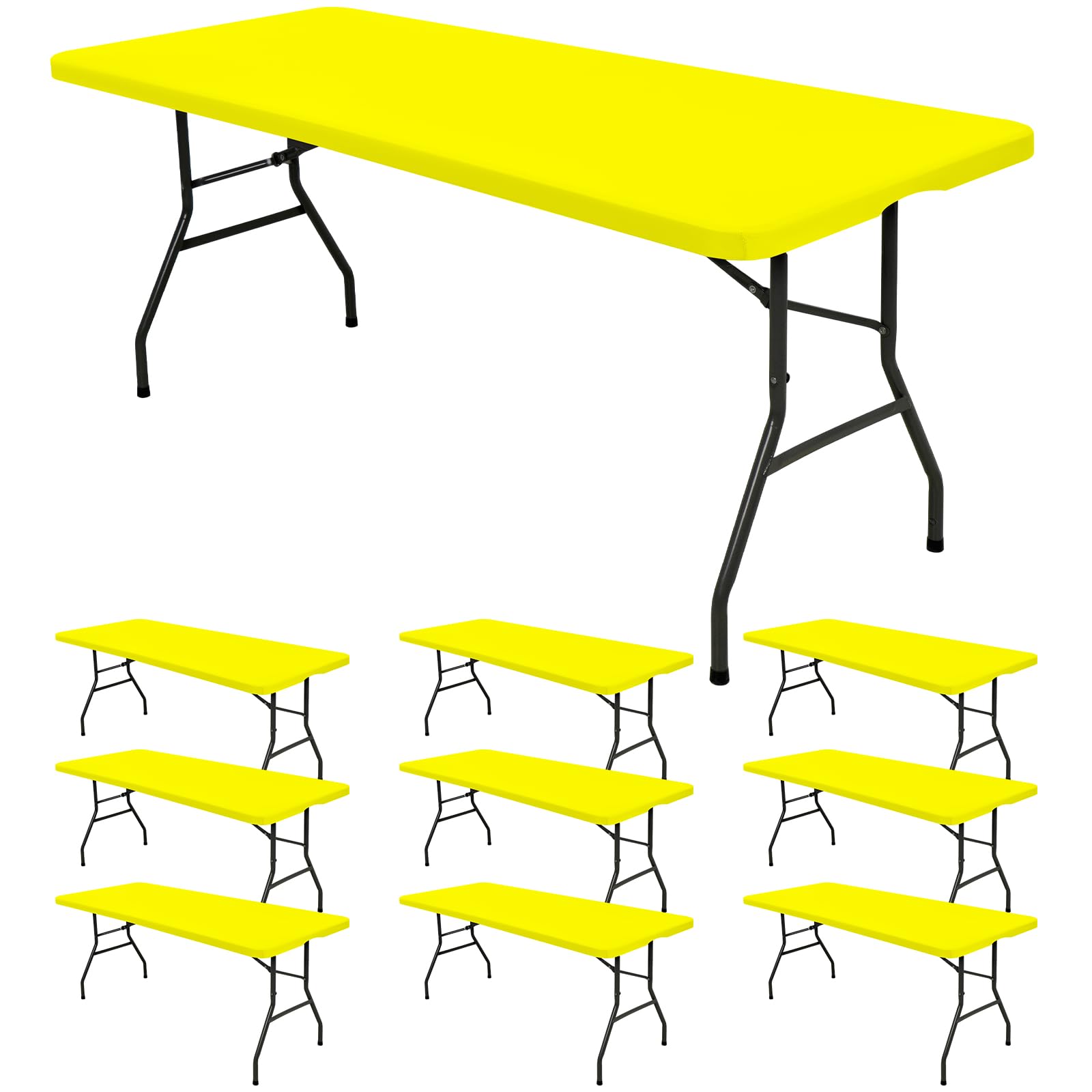 10 Pack Fitted Tablecloth for 8 Foot Rectangle Tables, Yellow Elastic Outdoor Picnic Table Cover, Washable Stretch Folding Table