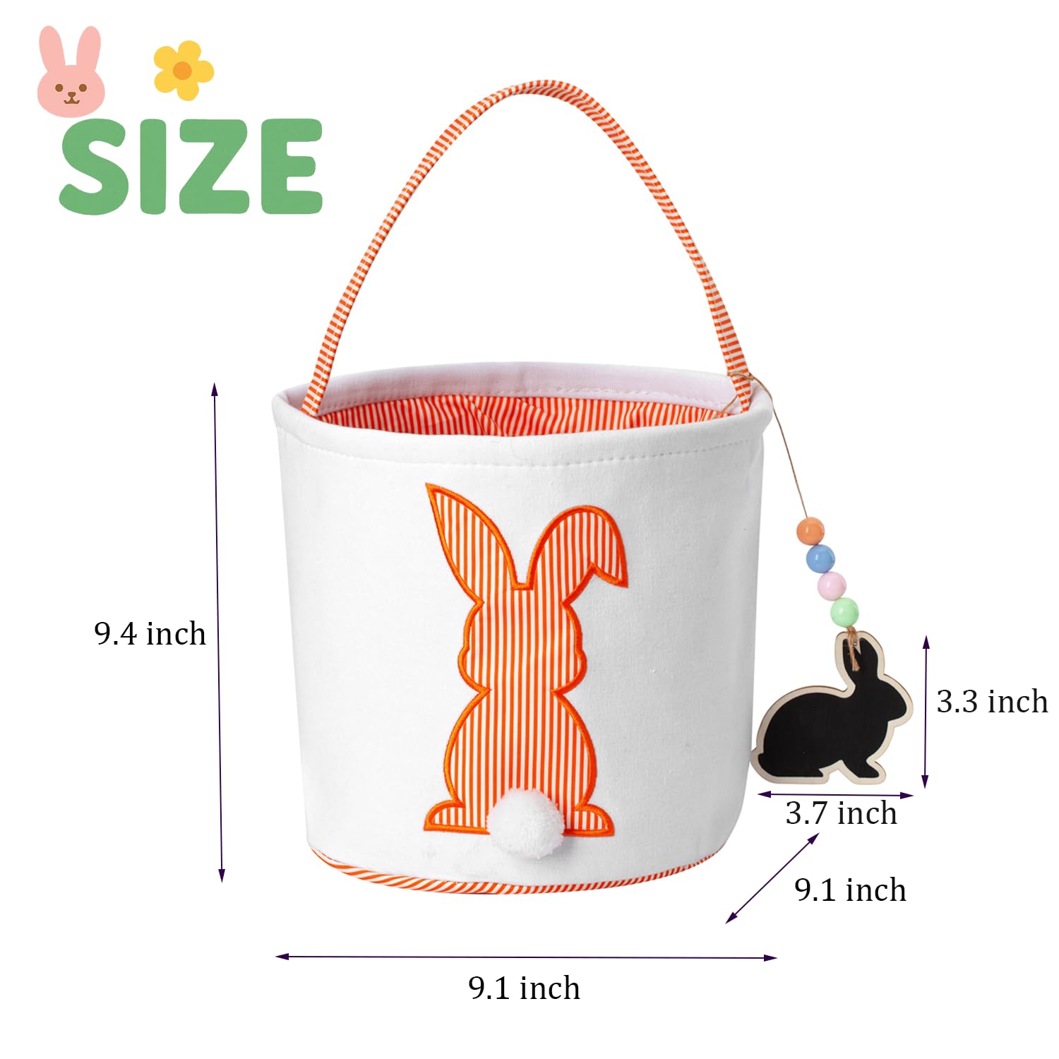 CHOIEO Easter Basket, Bunny Baskets with Pom-Pom Tail, Stripe Pattern, Bucket for Egg Hunts, Easter Gifts (Orange)