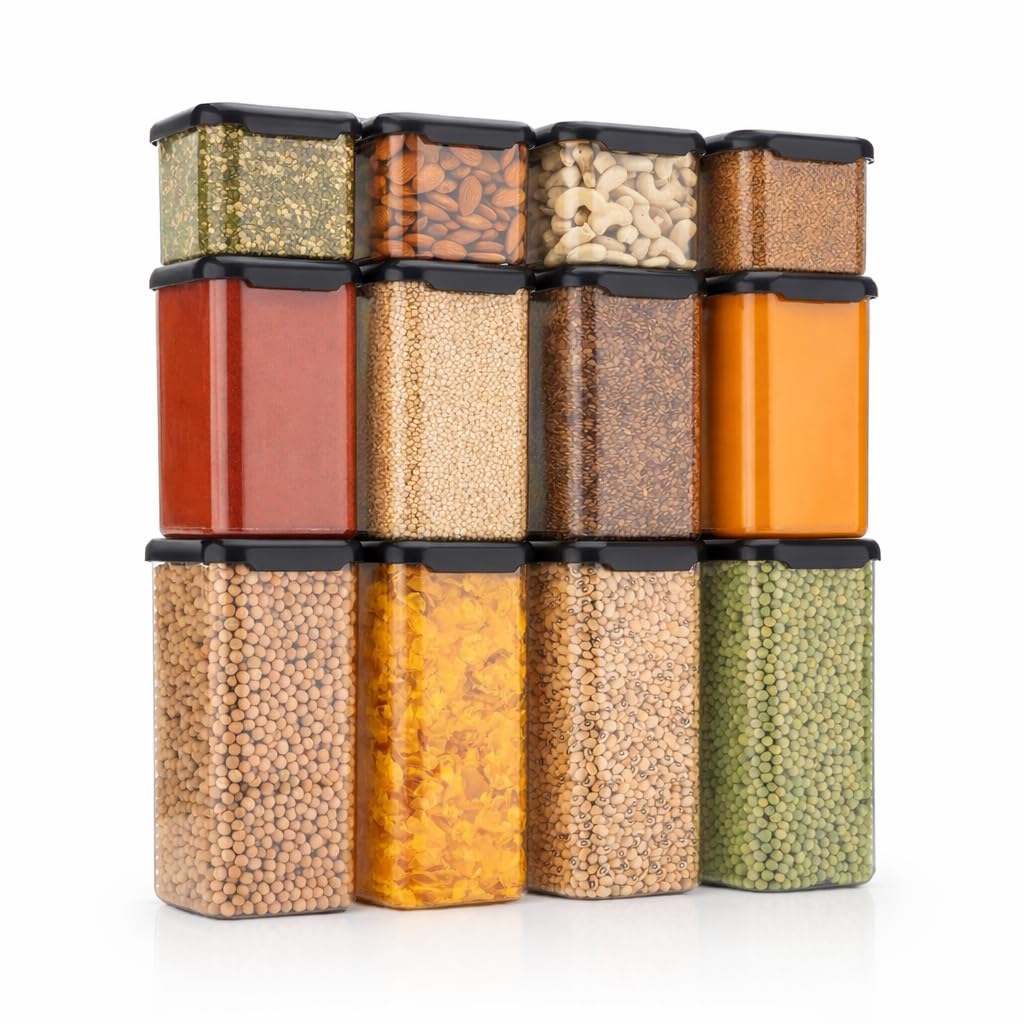 Vernocraft Airtight Square Kitchen Storage Container Plastic Transparent Unbreakable Food Organizer Stackable Leakproof Grocery 
