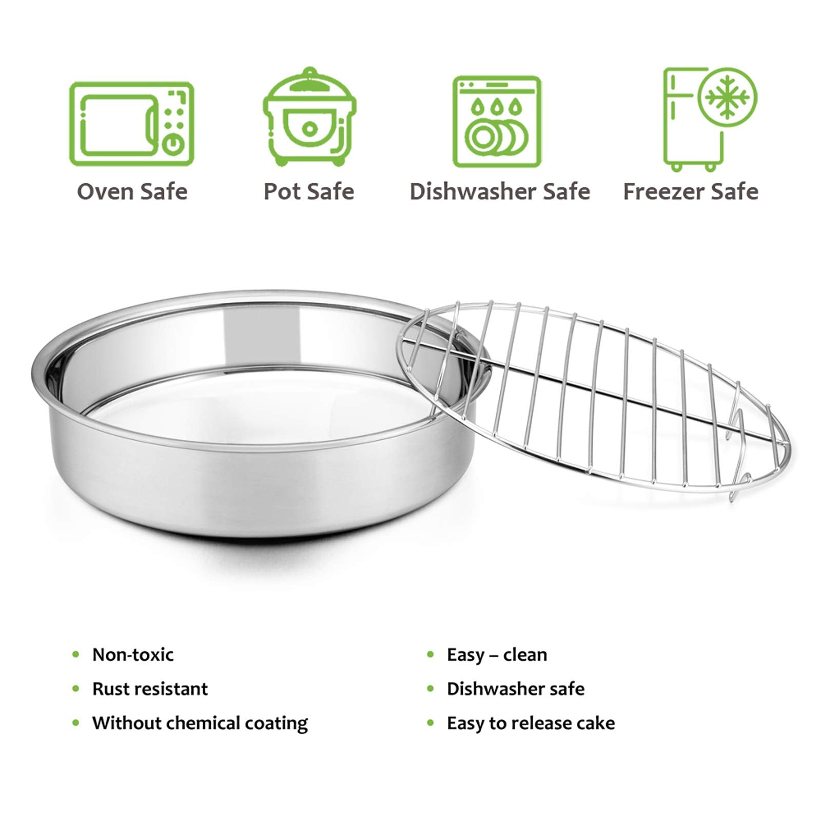 E-Far 8-Inch Round Cake Pan With Rack Set, Stainless Steel Cake Pans Tins And Baking Cooling Racks, Non Toxic & Healthy, Mirror