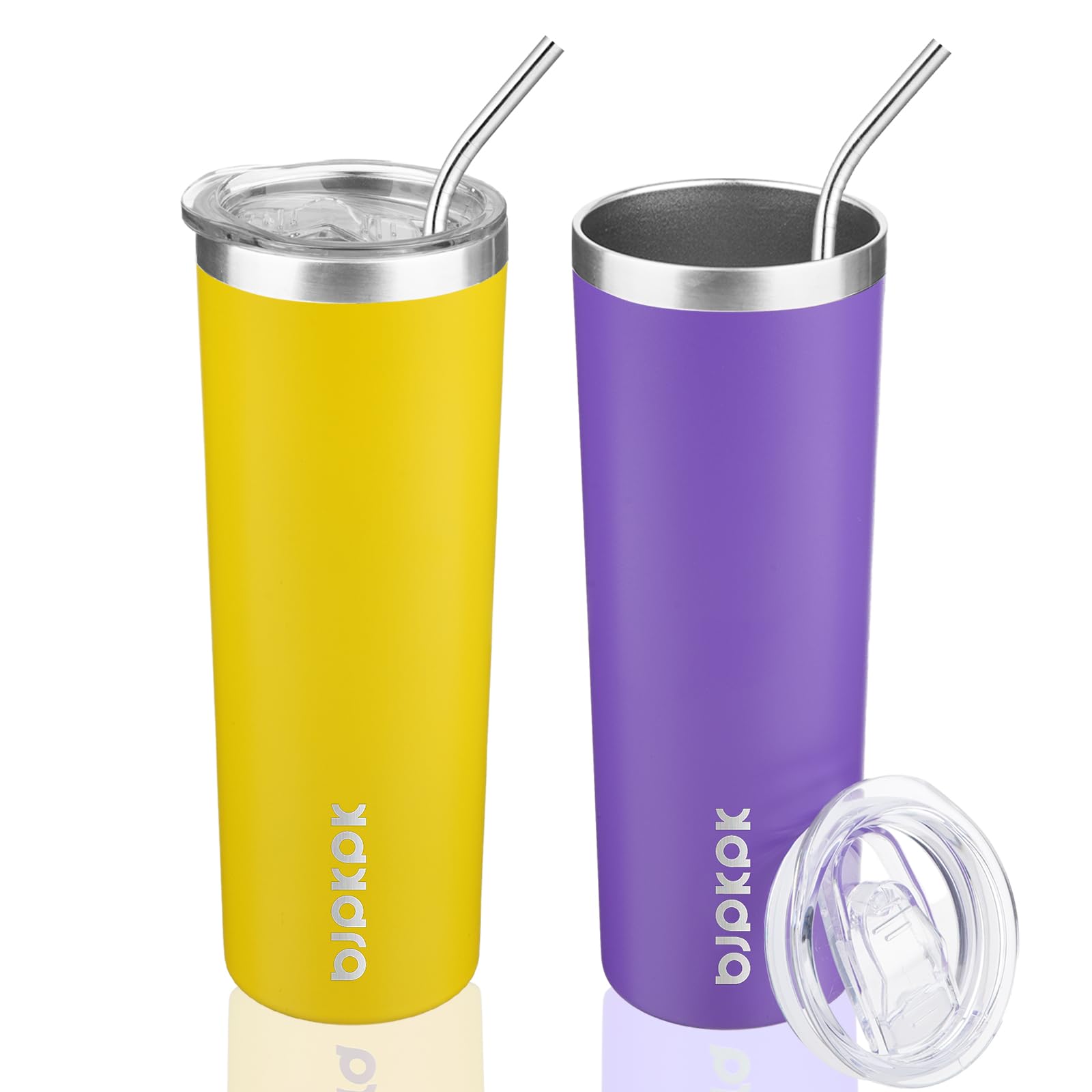 BJPKPK 20 oz Skinny Tumbler with Lid 2 Pack Slim Insulated Travel Coffee Cup Stainless Steel Thermal Mug,Purple,Goldenrod