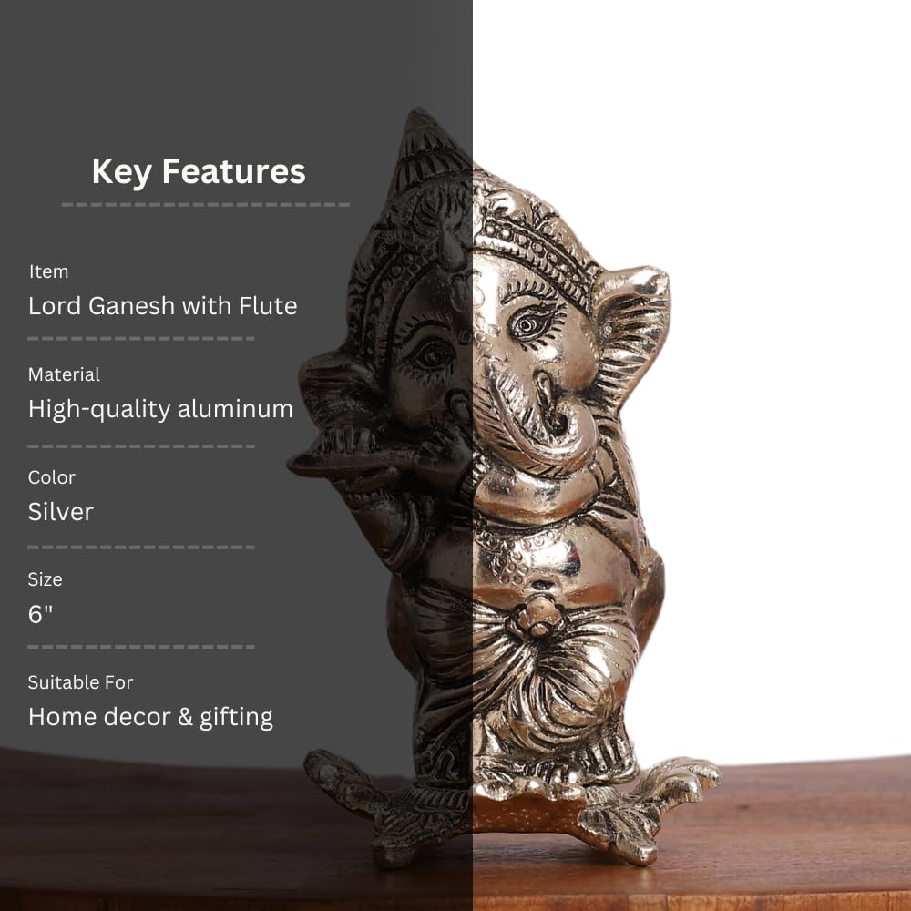Smiles Gift Silver Plated Ganesh Idol With Playing Flute Statue | Aluminium Figurines | Showpiece For Table, Pooja, Mandir & Ret