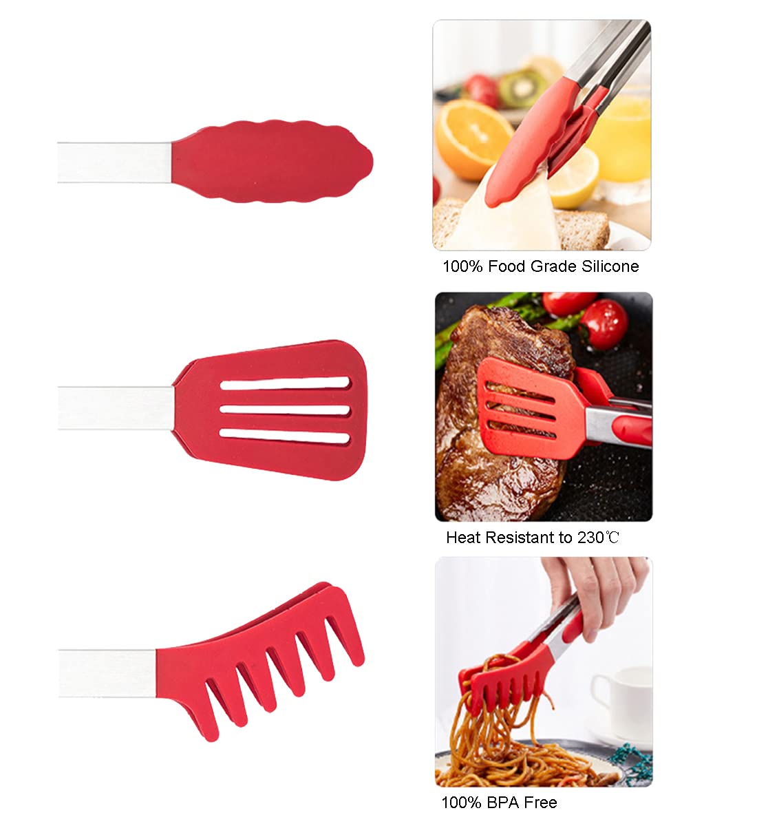 3In1 Silicone Kitchen Cooking Tongs Set, Stainless Steel Nonstick Food Tong With Bpa Free Silicone Tips For Serving Spaghetti St