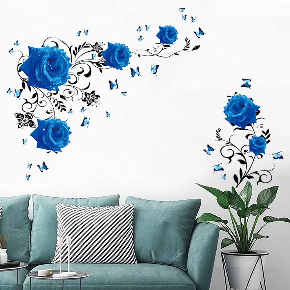 Supzone Blue Rose Wall Stickers Vinyl Floral Decal for Bedroom & Living Room, Model WS298
