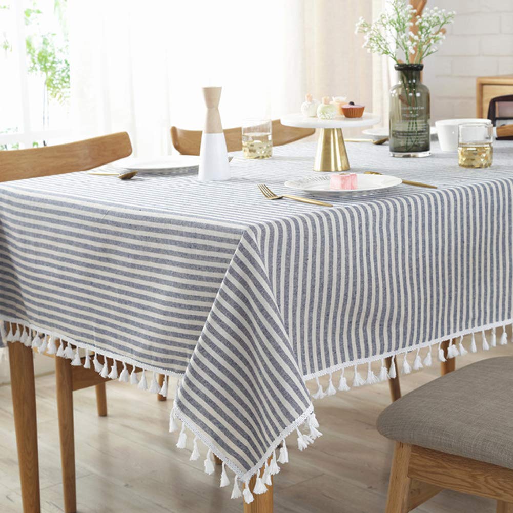 Amzali Stripe Tassel Table Cloth Cotton Linen Stain Resistant/Dust-Proof Tablecloth Cover For Kitchen Dinning Tabletop Decoratio