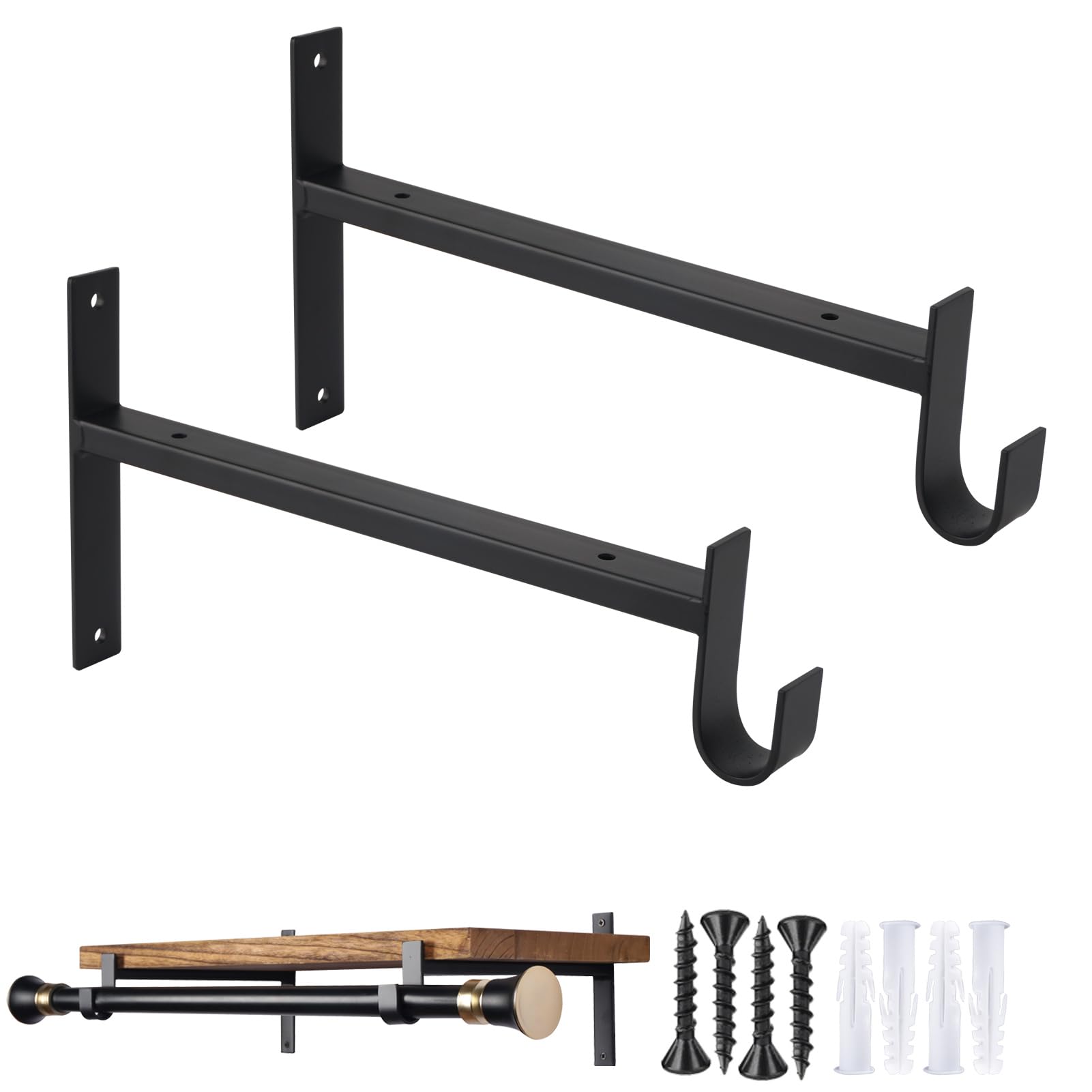 Ovov Shelf Bracket With Rod Holder 2 Pack Closet Shelf & Rod Brackets 12 Inch Black Heavy Duty Closet Rod Bracket