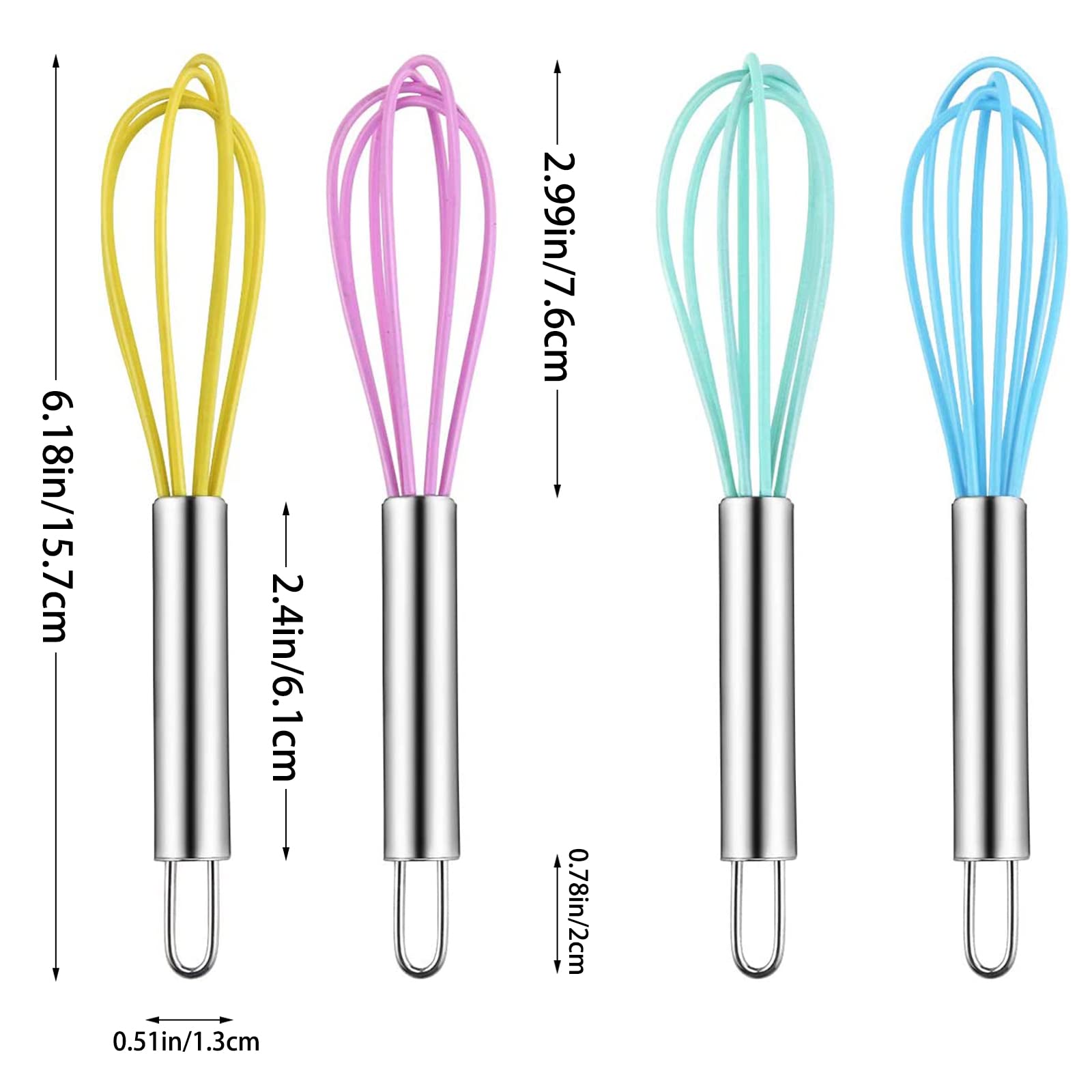 Newbested 4 Pack Colorful Mini Silicone Kitchen Whisks With Stainless Steel Handles For Milk Egg Blending Stirring Whisking And