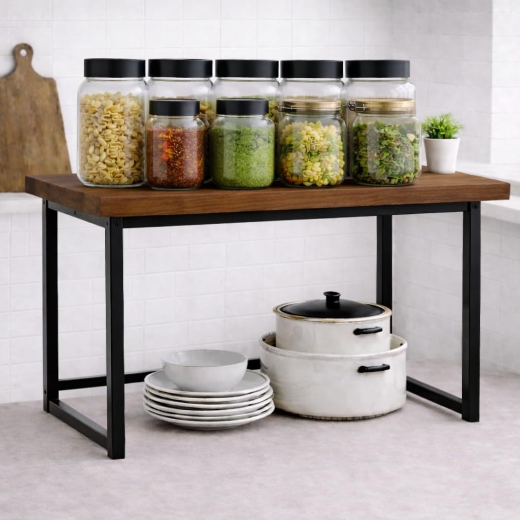 Mtank Wooden Kitchen Storage Rack With Metal Frame  Spice Jar Organizer Stand For Countertop, Toaster, Jars, Cookware & Utensil