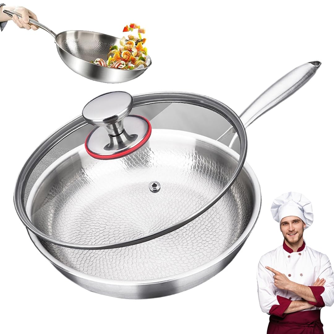 QhoulCore Titanium Frying Pan with Lid, Nonstick Honeycomb Stainless Steel Skillet, 10.24Inch & 12.60Inch Sizes, Dishwasher & 