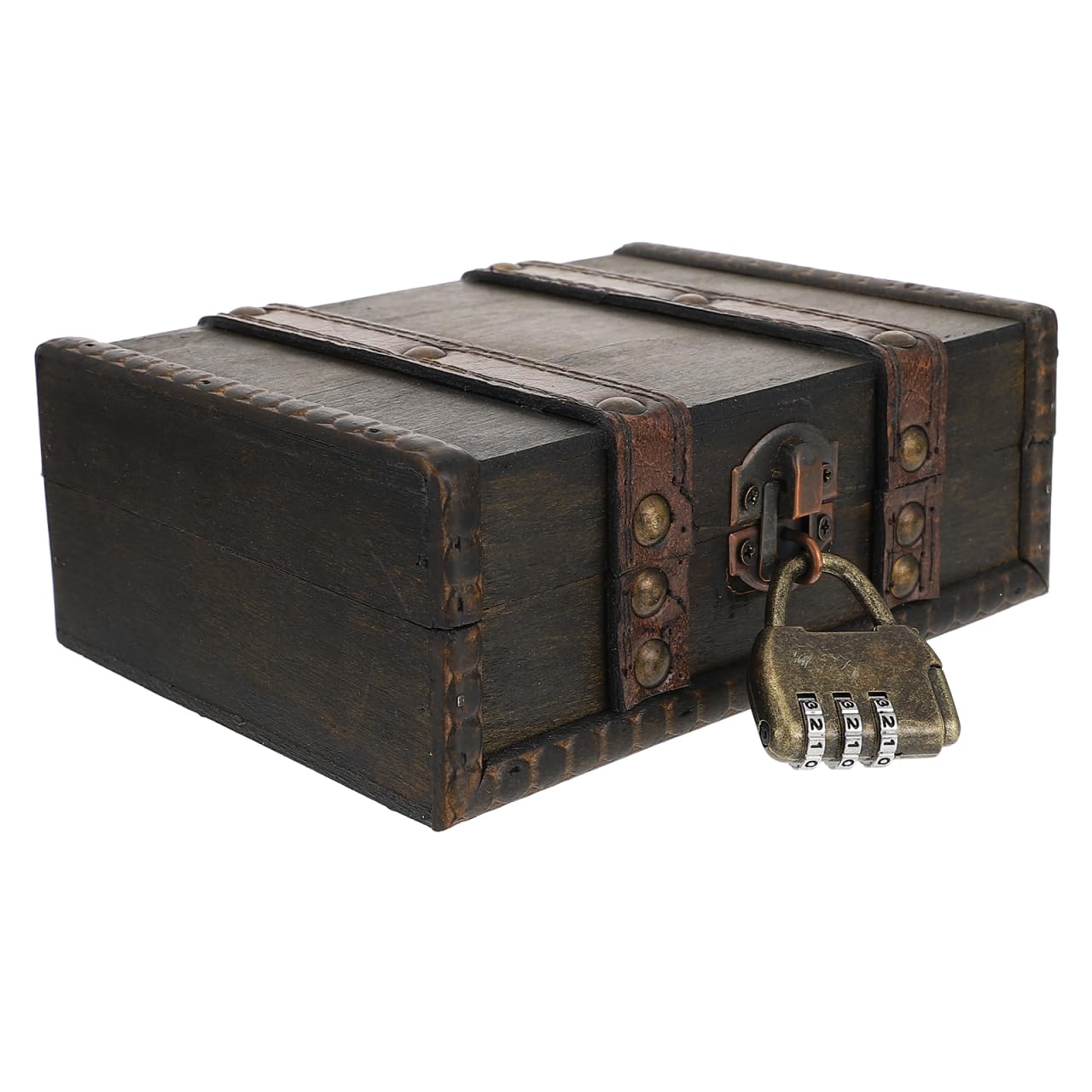 Veemoon Wooden Treasure Chest Box with Lock, Retro Pirate Jewelry Box Antique Cosmetic Storage Case Portable Chest with Hinged L
