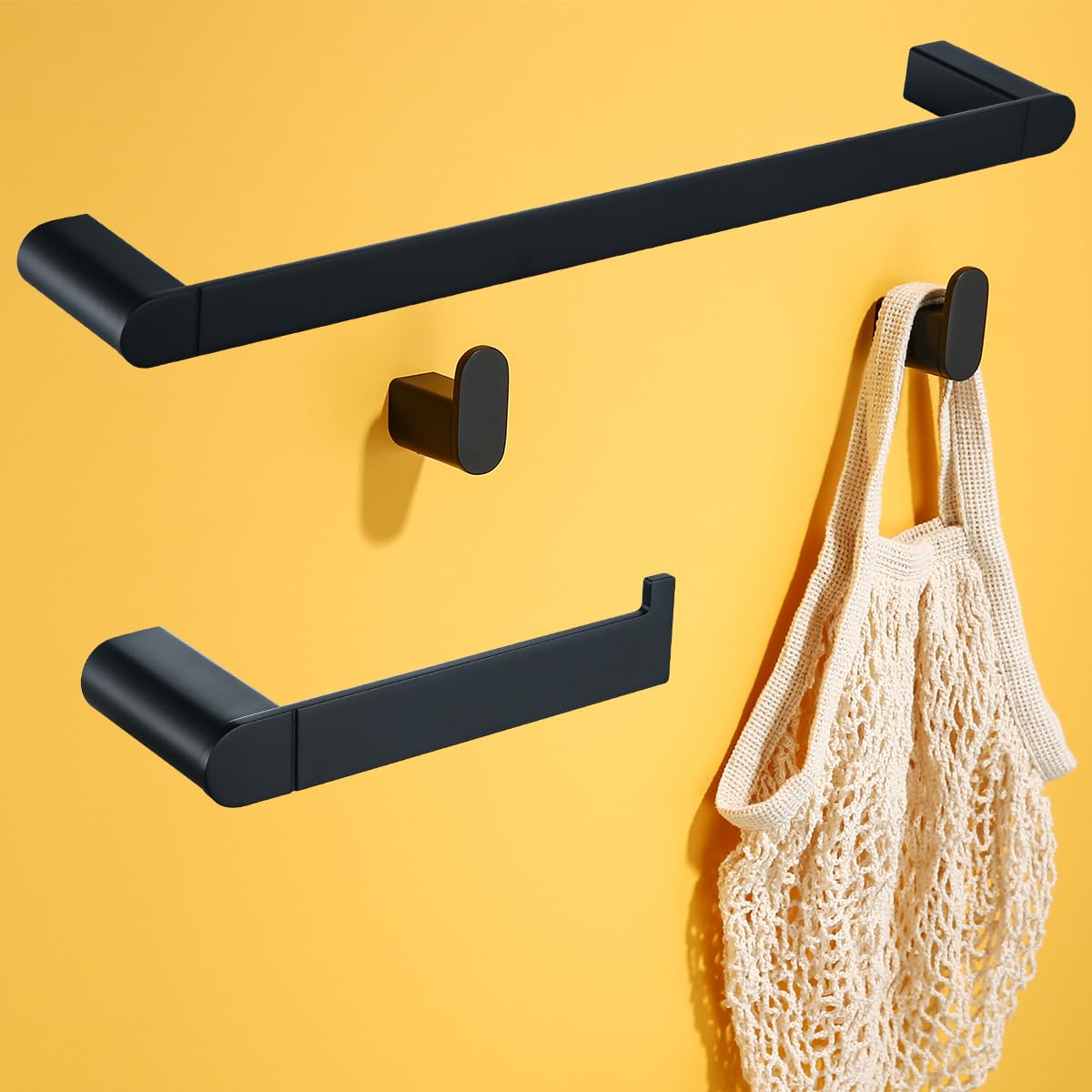 Matte Black Bathroom Hardware Set 4 Pieces, Stainless Steel Towel Bar Set Wall Mounted, Include 18 inch Towel Bar, Robe Towel Ho