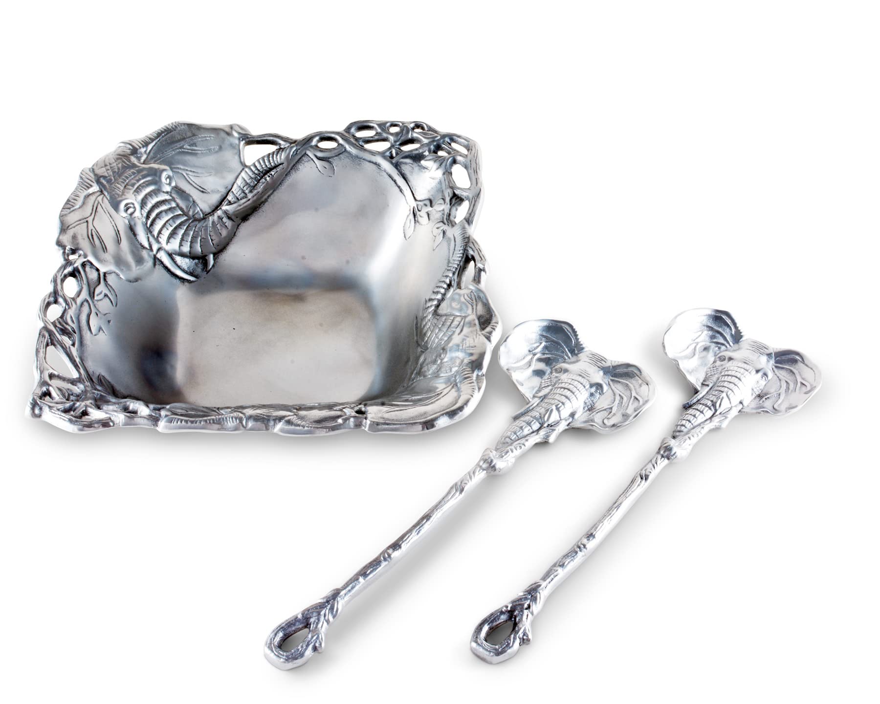 Arthur Court Designs Aluminum Metal Elephant Salad/Fruit Serving Bowl And Food Servers Set 3- Piece Servers And Bowl 9.75 Inch D